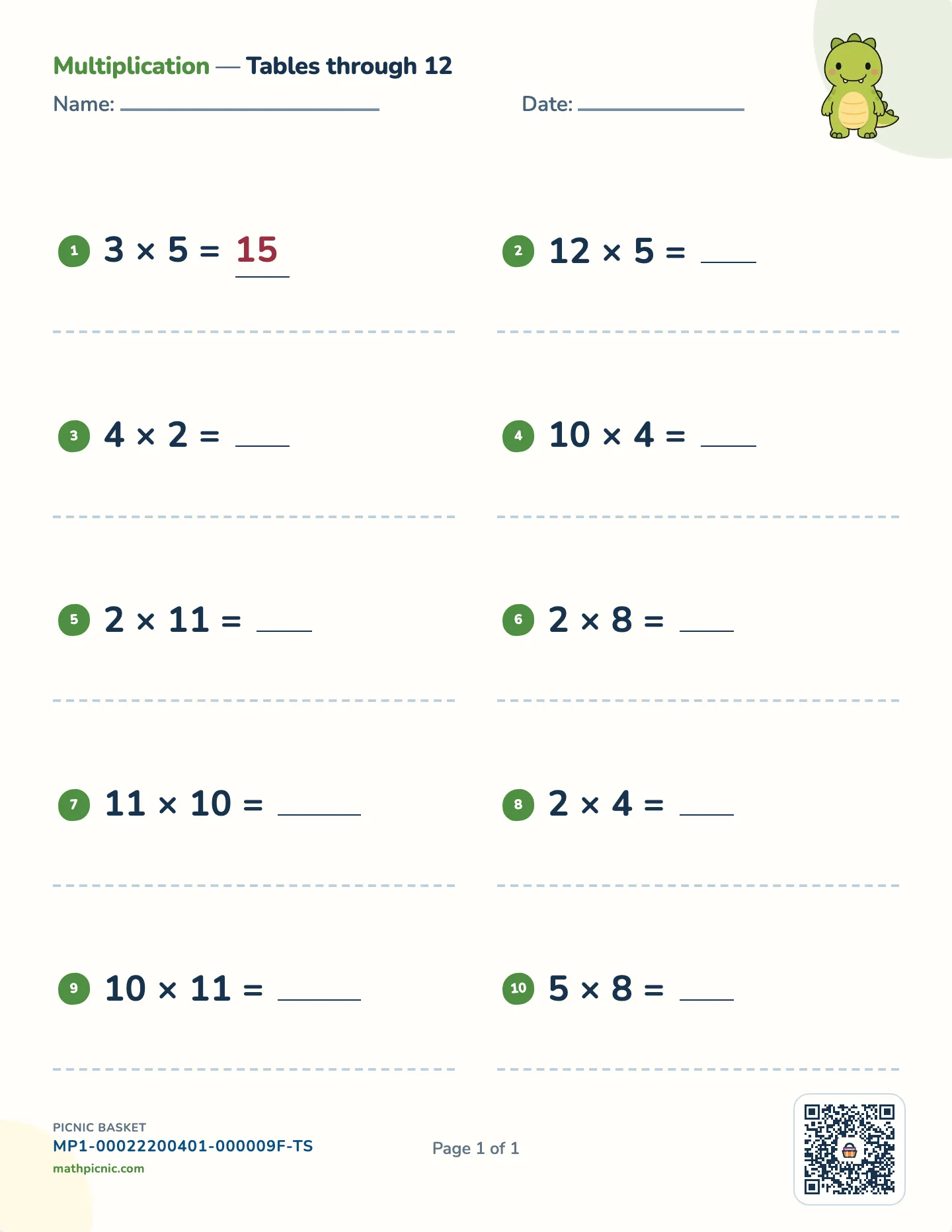 Times tables to 12 worksheet — Facts through 12 × 12, free printable with answer key