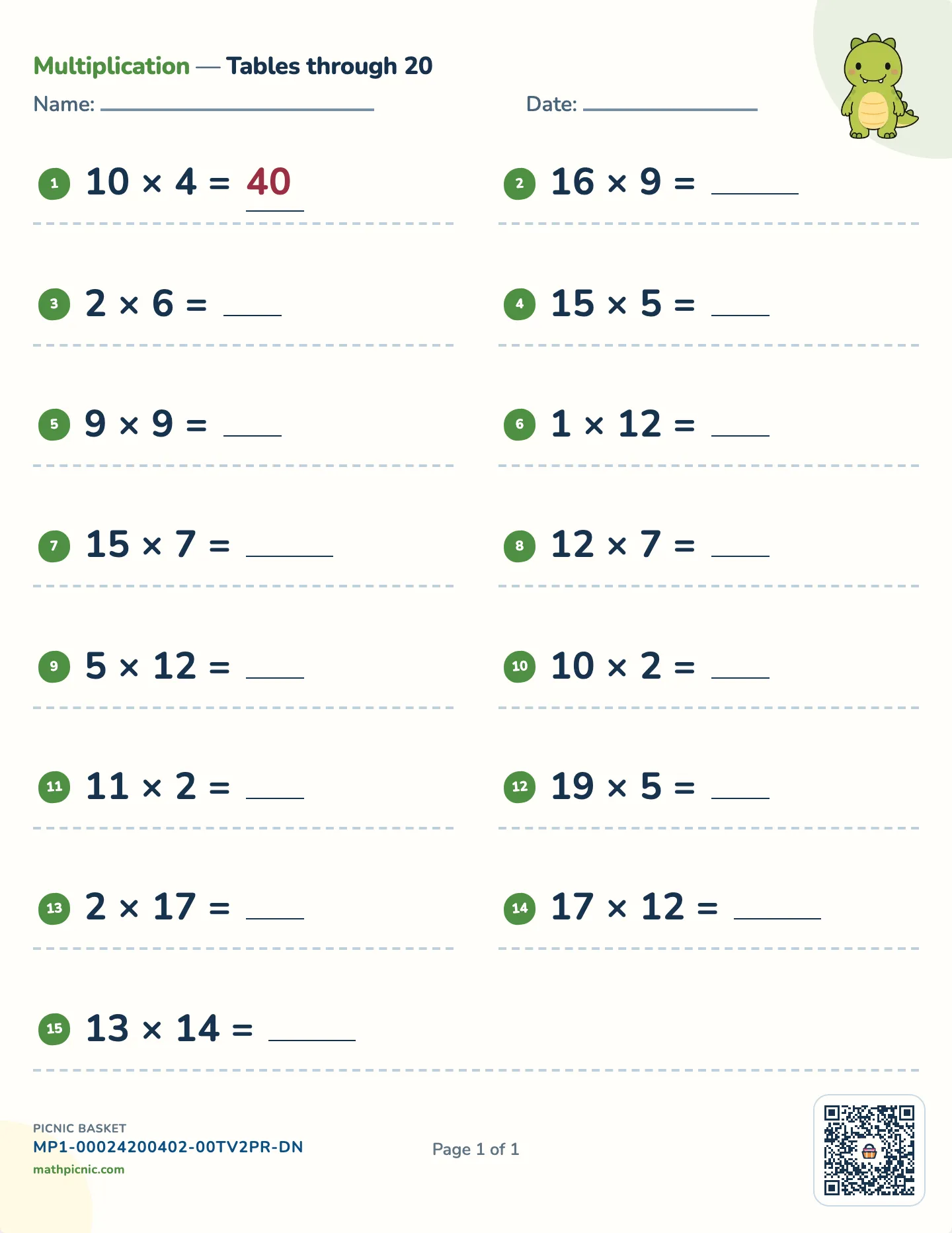 Times tables to 20 worksheet — Facts through 20 × 20, free printable with answer key