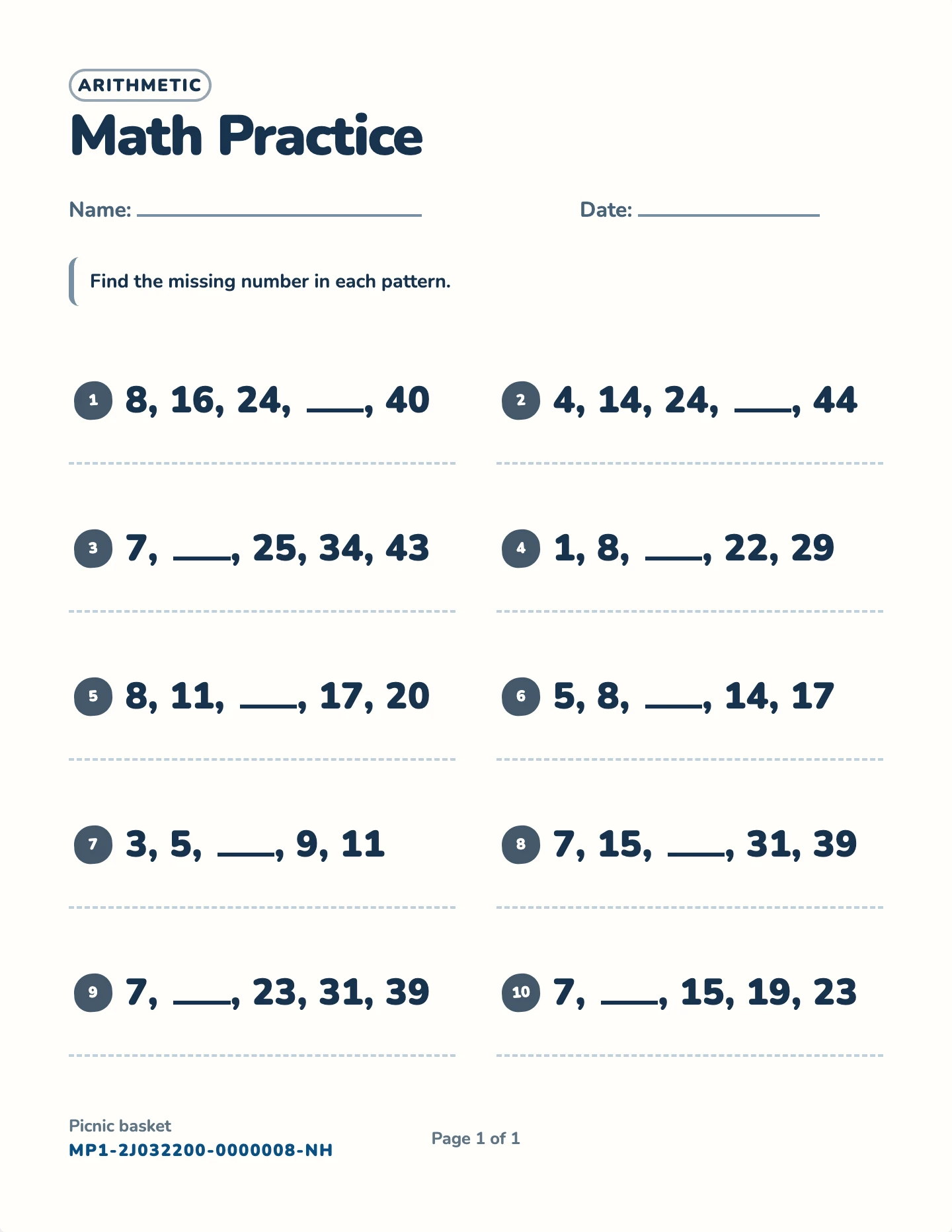 Number patterns worksheet — Add, subtract, multiply rules, free printable with answer key
