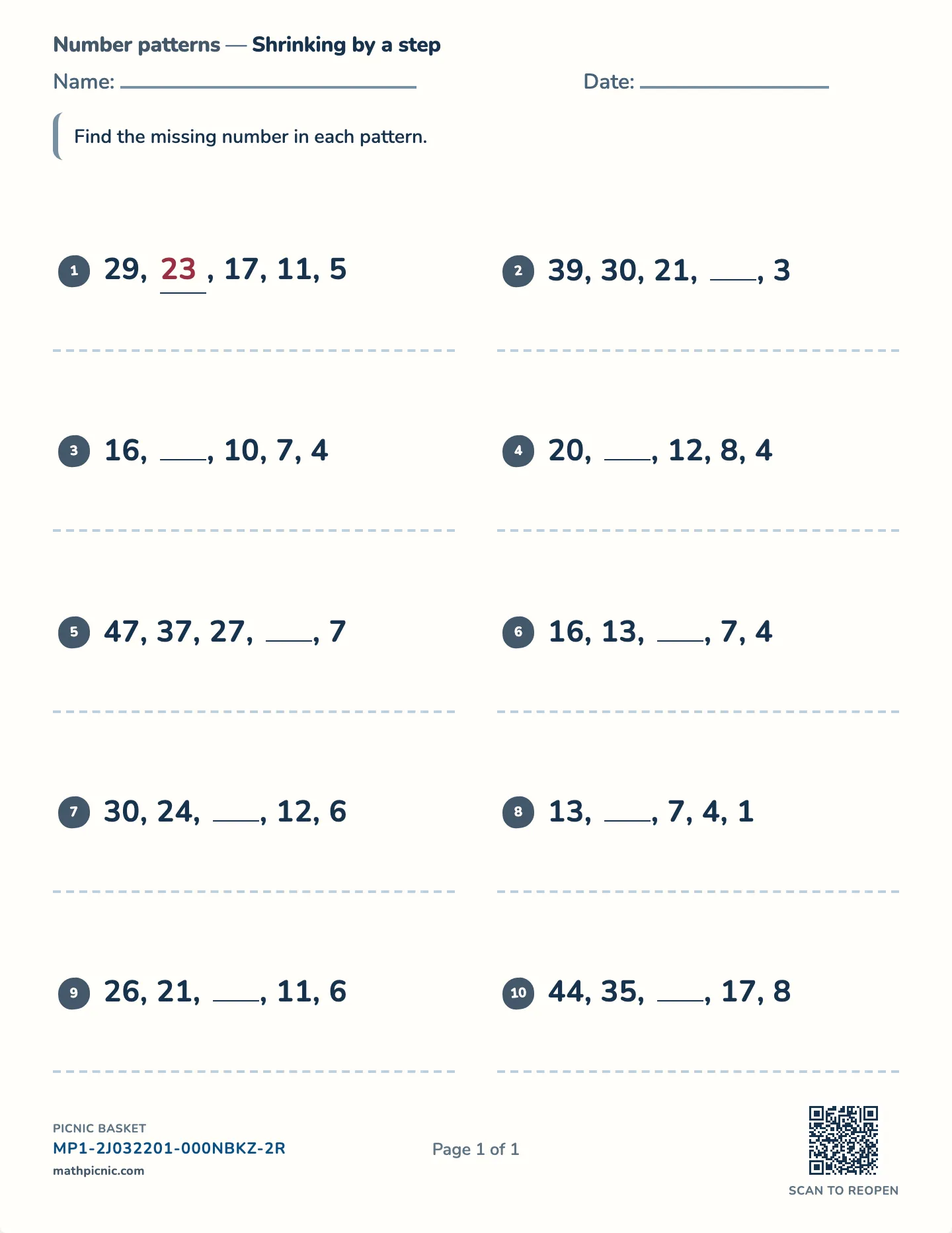 Decreasing number patterns worksheet — Shrink by a fixed step, free printable with answer key