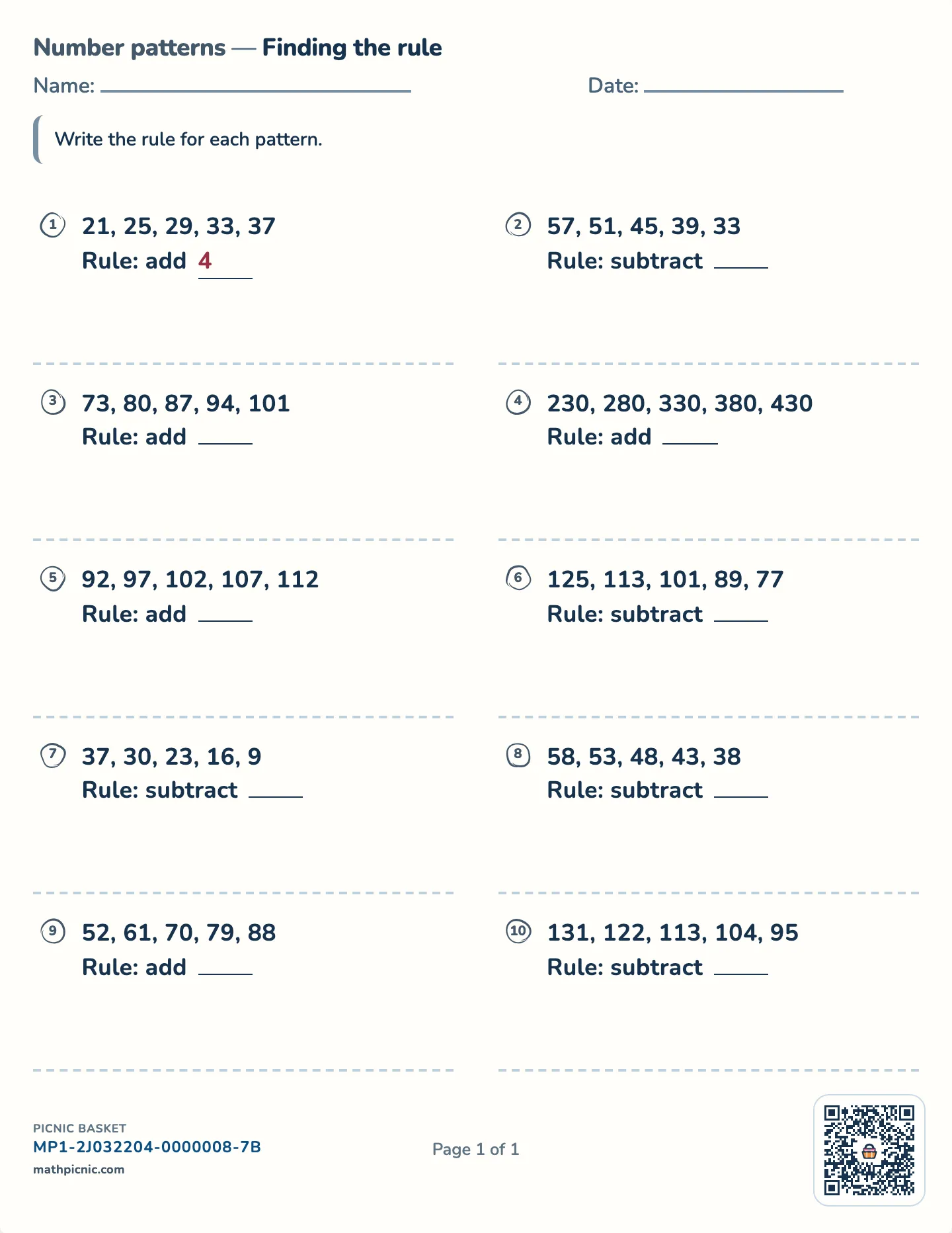 Find the rule worksheet — Steps up or down, 2 to 100, free printable with answer key