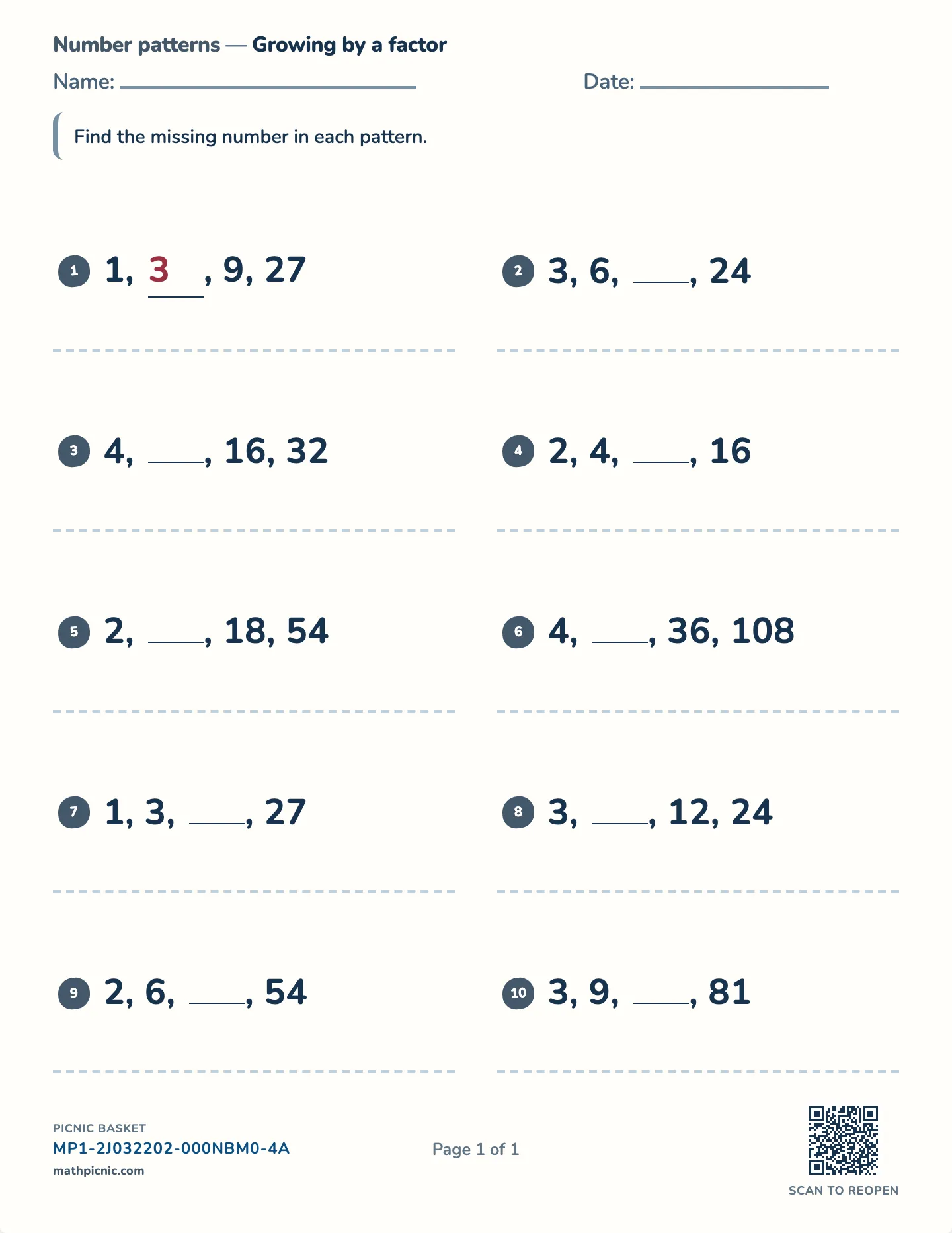 Multiplying number patterns worksheet — Grow by a fixed factor, free printable with answer key