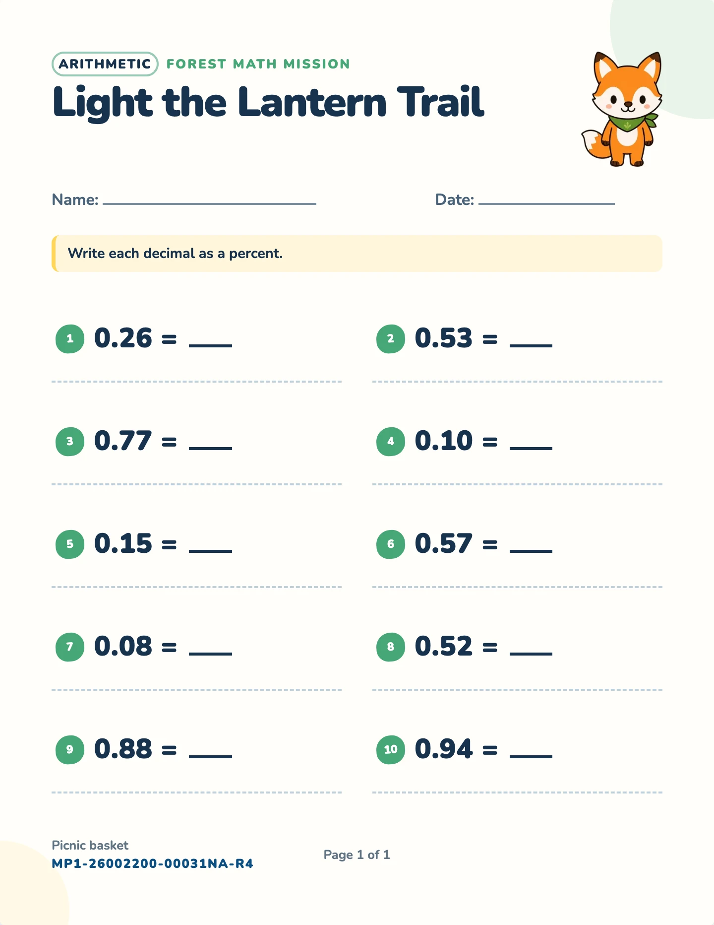 Decimals and percents worksheet — Convert and percent of a number, free printable with answer key