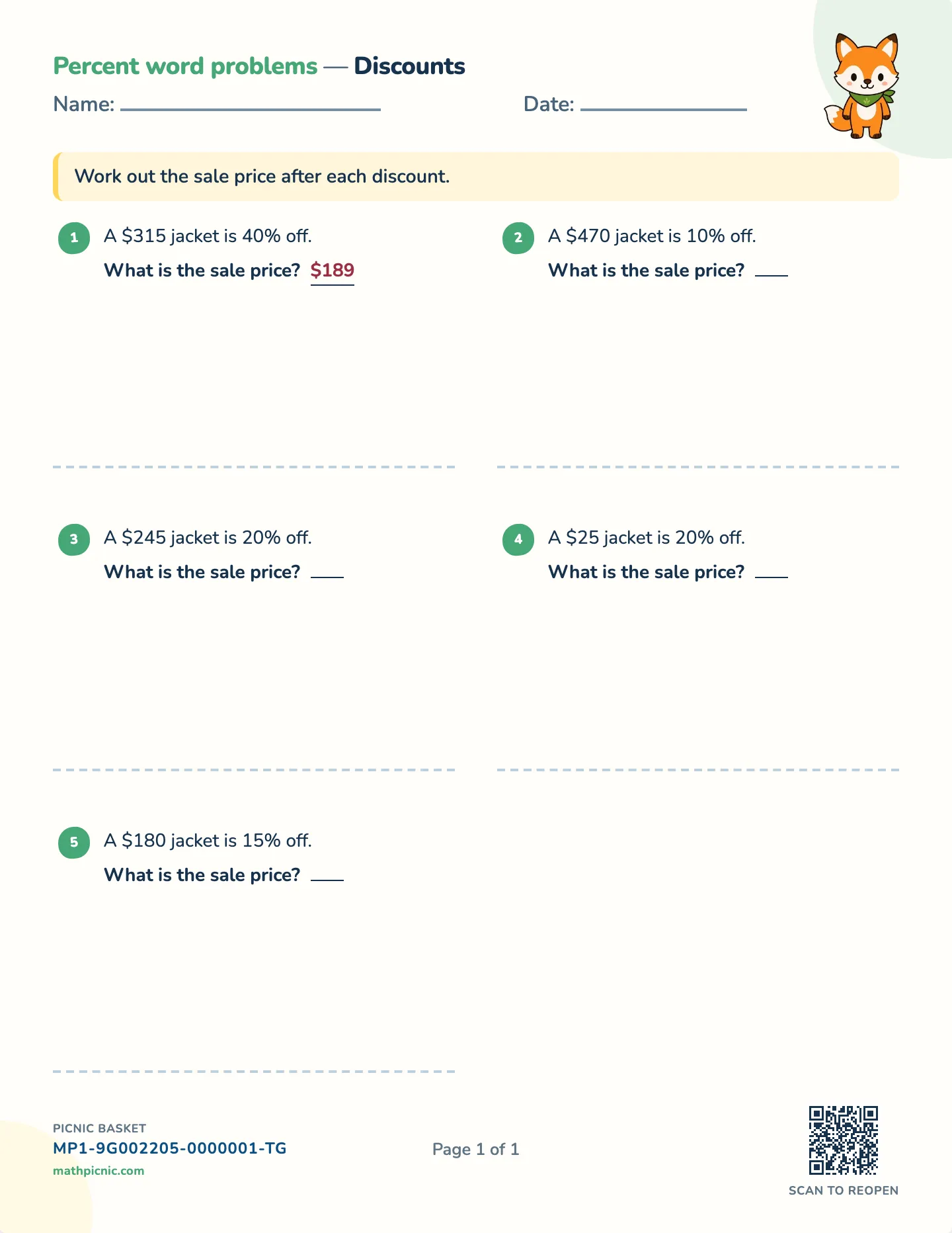 Discount and sale price worksheet — Whole-dollar sale prices, free printable with answer key