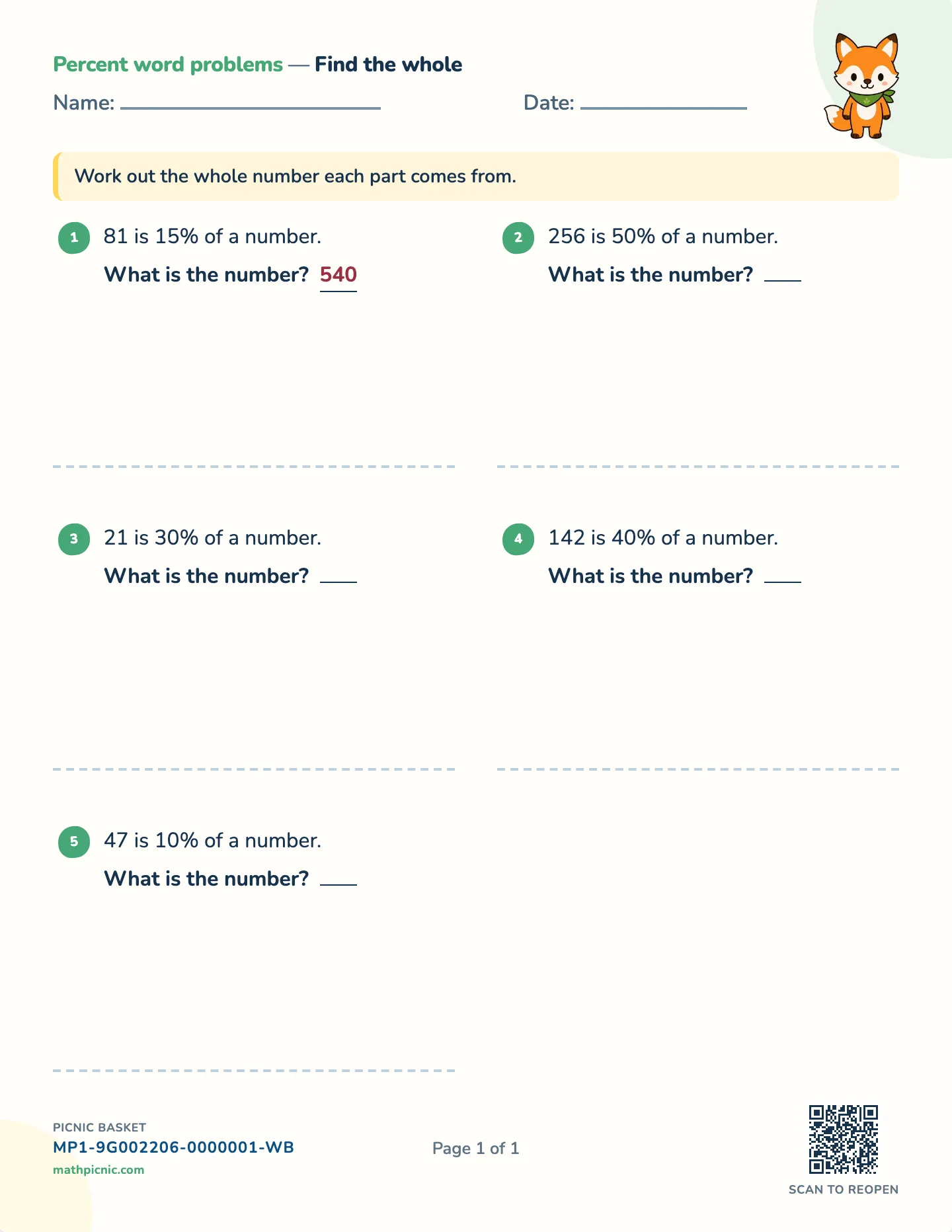 Finding the whole worksheet — Whole-number answers, free printable with answer key