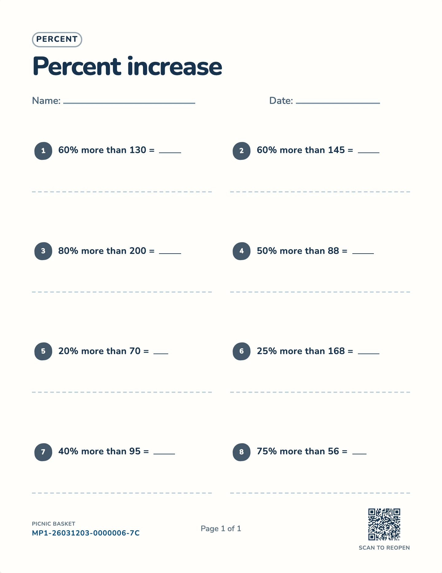 Percent increase and decrease worksheet — Friendly percents, whole-number results, free printable with answer key