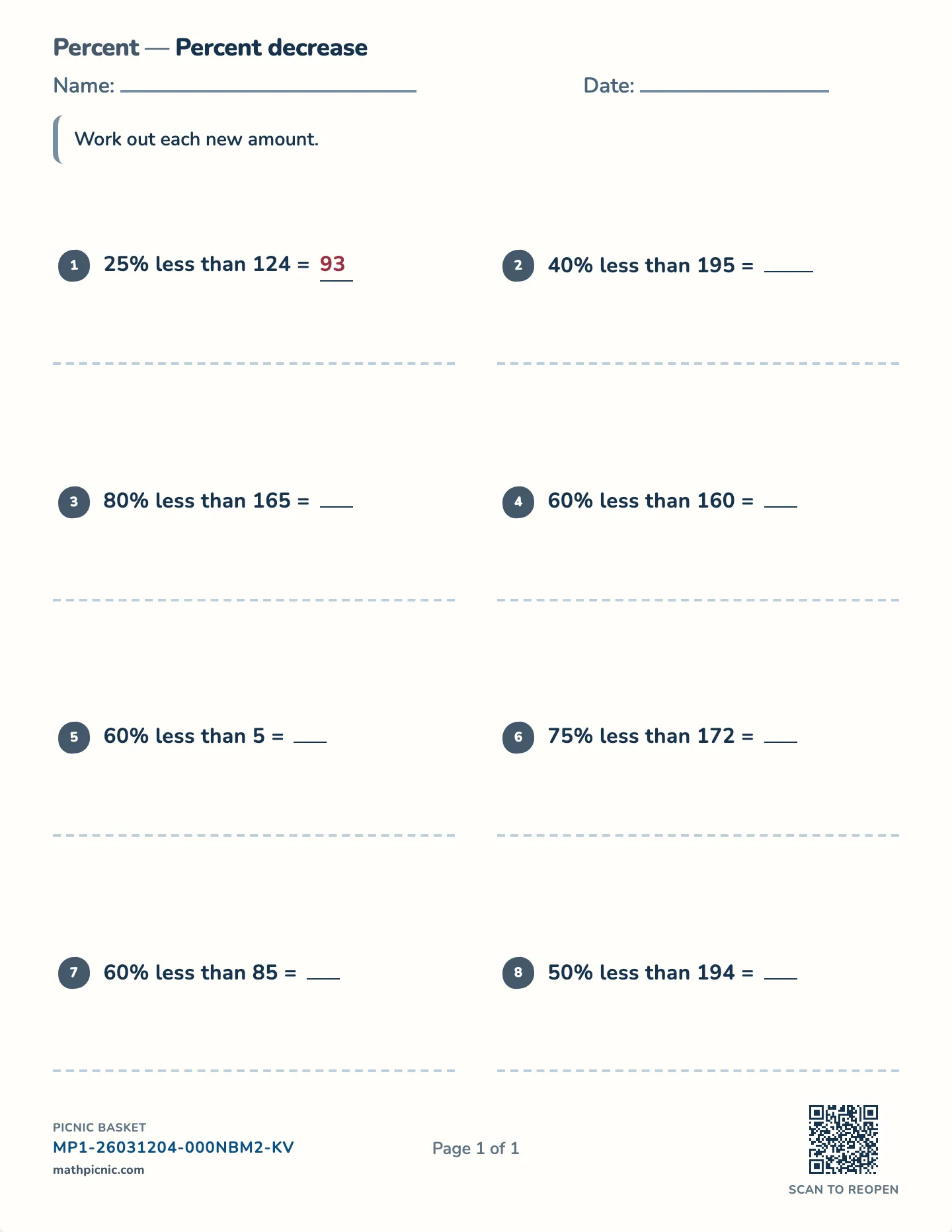 Percent decrease worksheet — Friendly percents, whole-number results, free printable with answer key