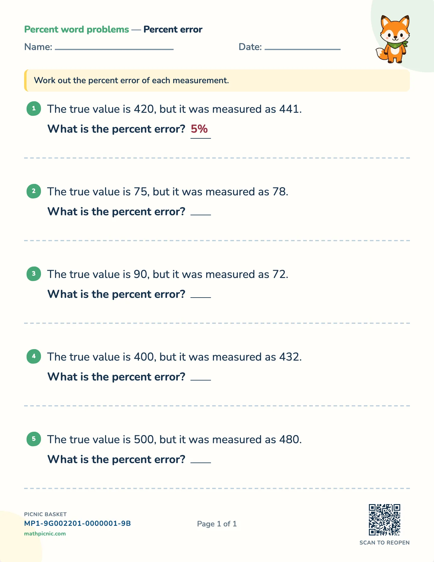 Percent error worksheet — Whole-percent answers, free printable with answer key