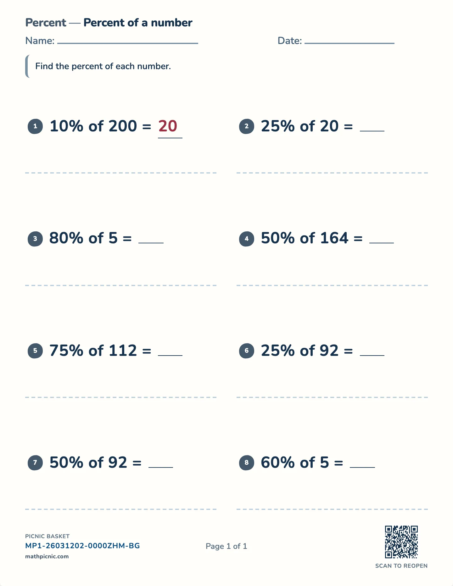 Percent of a number worksheet — Friendly percents, whole answers, free printable with answer key