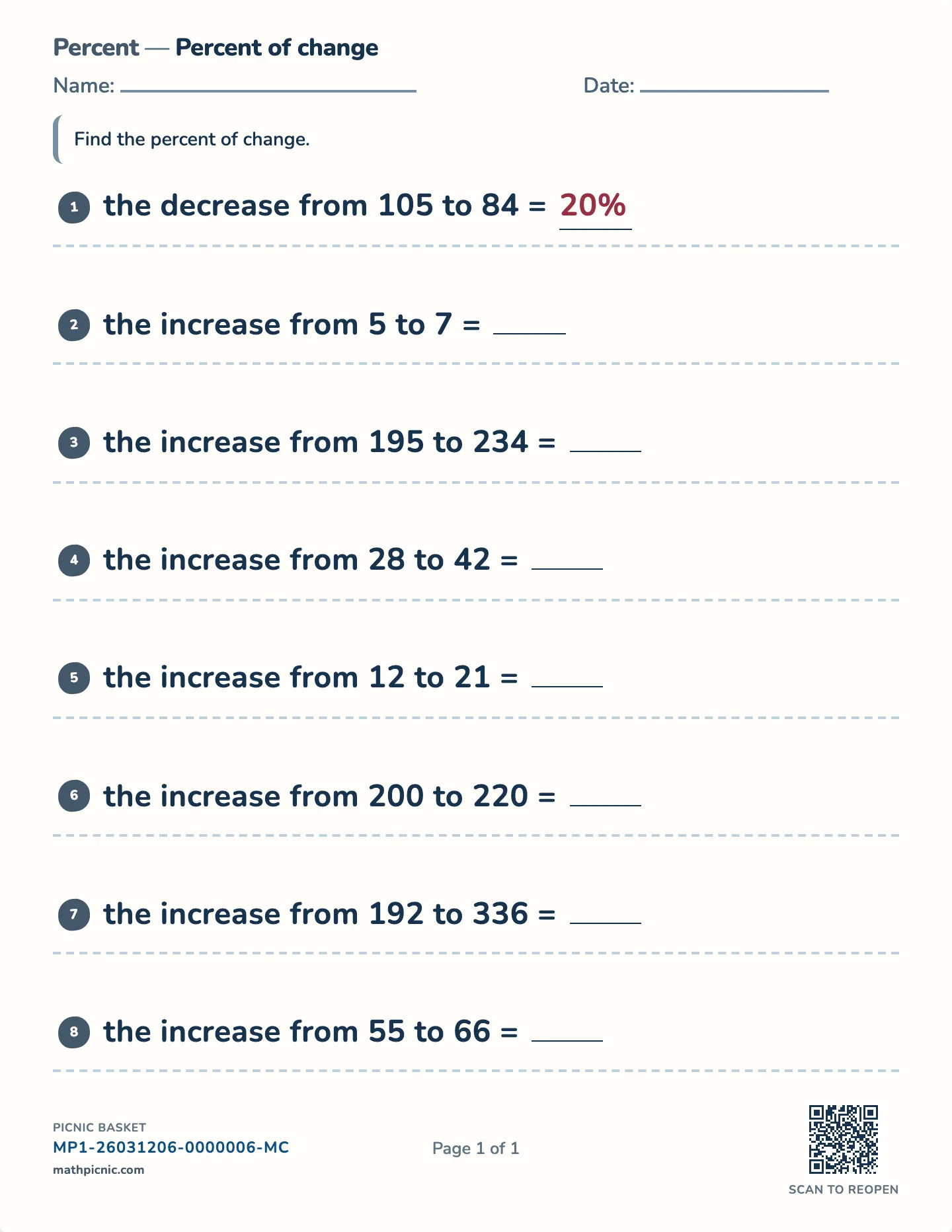 Percent of change worksheet — Old and new, whole percents, free printable with answer key