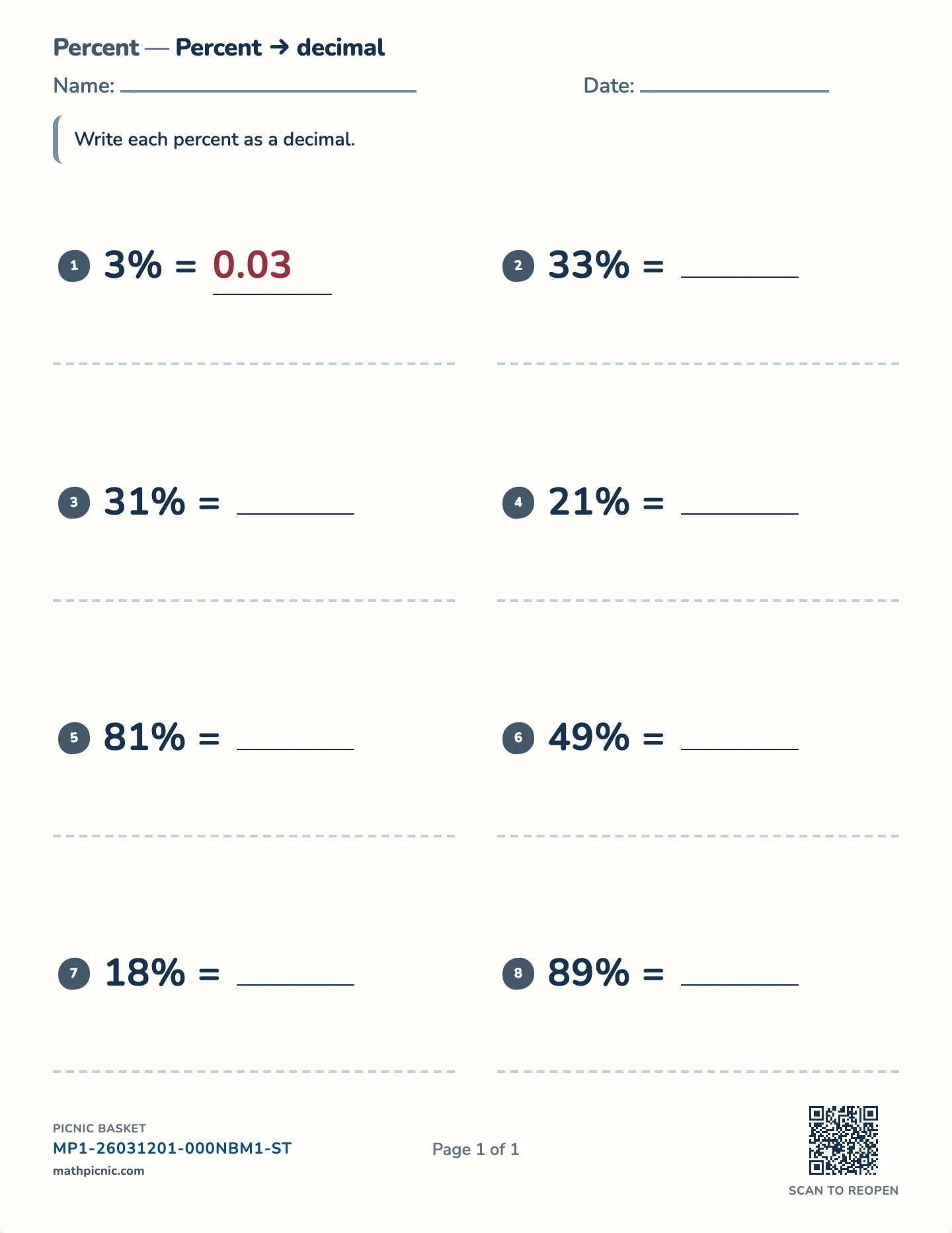 Percent to decimal worksheet — Whole, tens, and single-digit percents, free printable with answer key