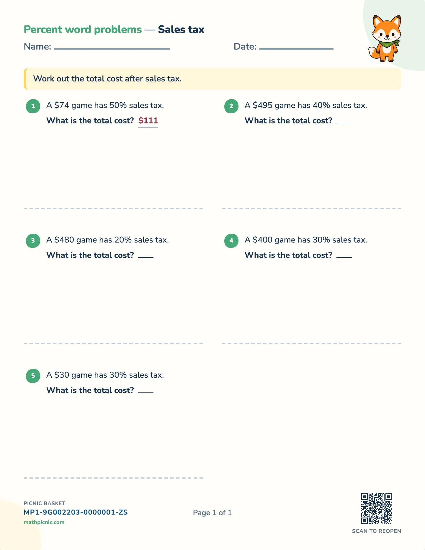 Sales tax worksheet — Whole-dollar totals, free printable with answer key