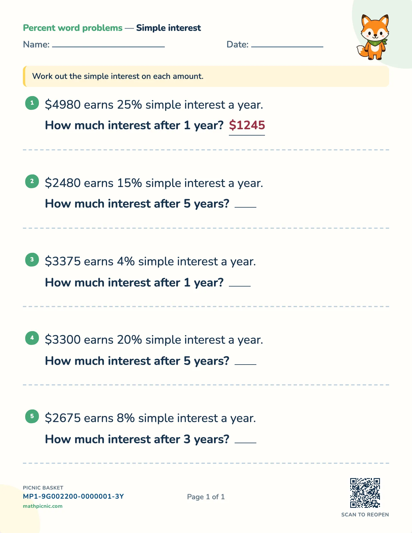 Simple interest worksheet — Whole-number interest, I = Prt, free printable with answer key