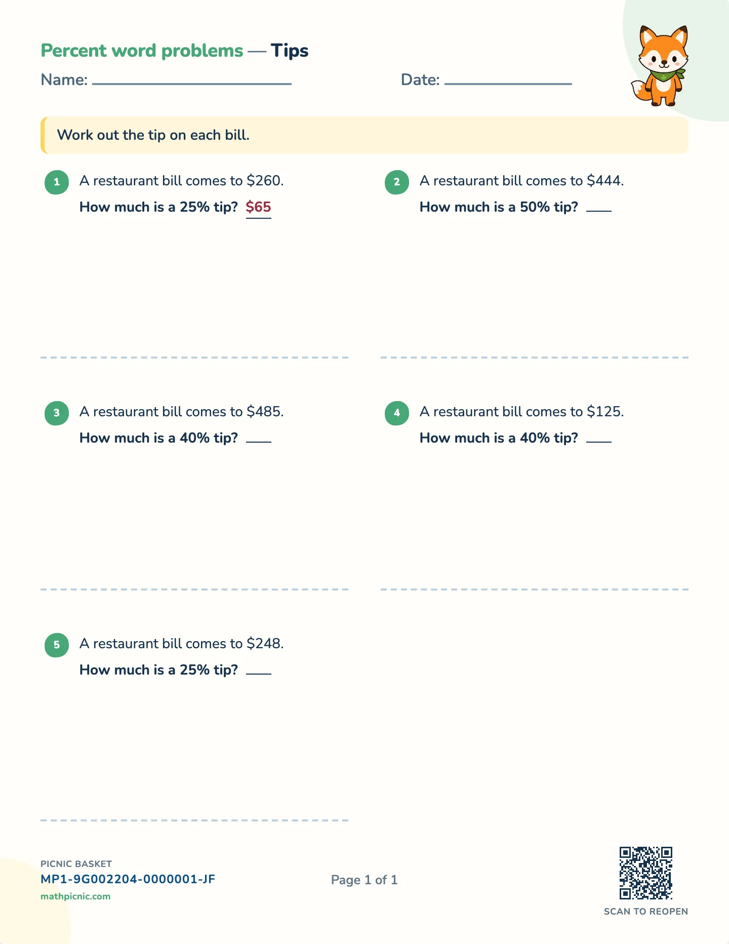 Tips and gratuities worksheet — Whole-dollar tips, free printable with answer key