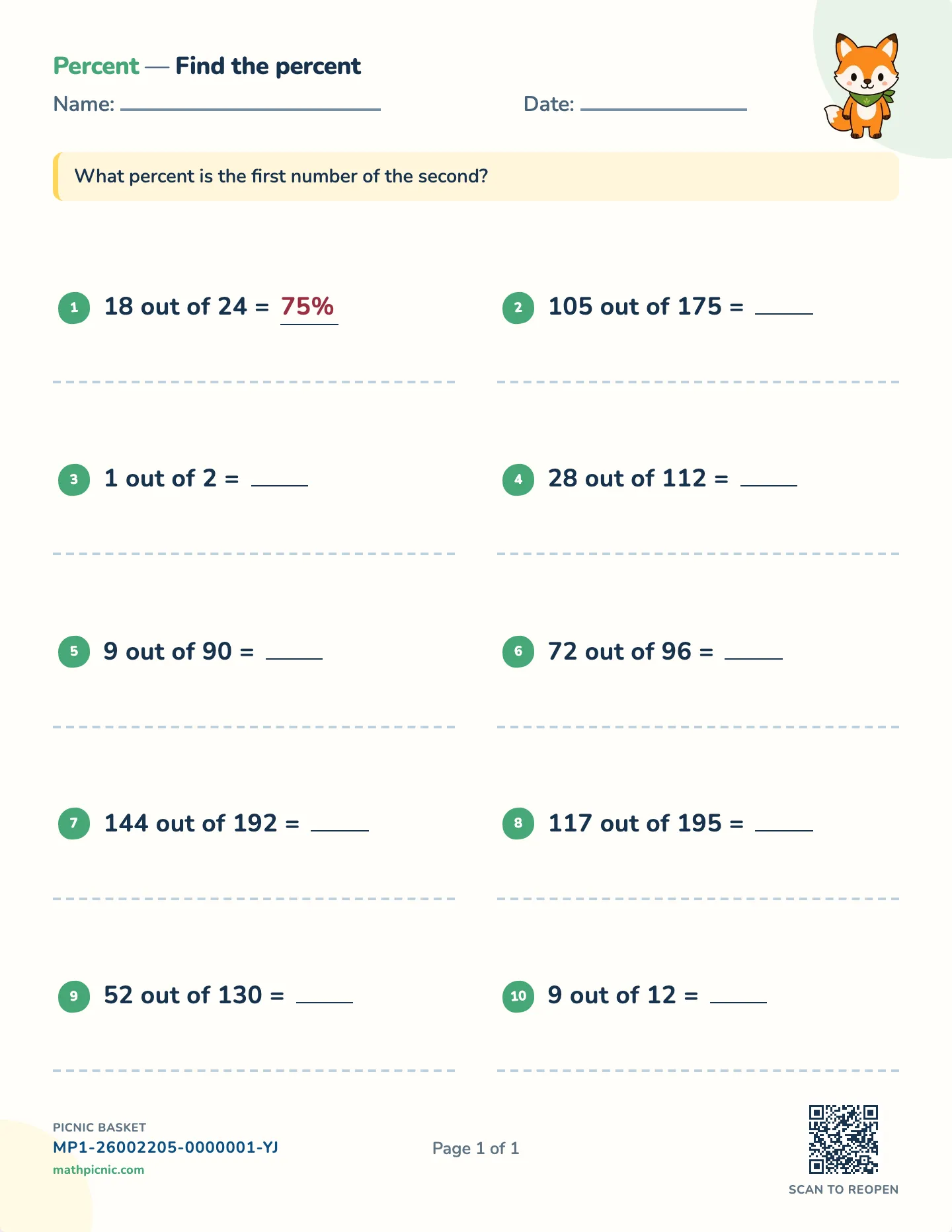 What percent is it? worksheet — Whole-percent answers, free printable with answer key