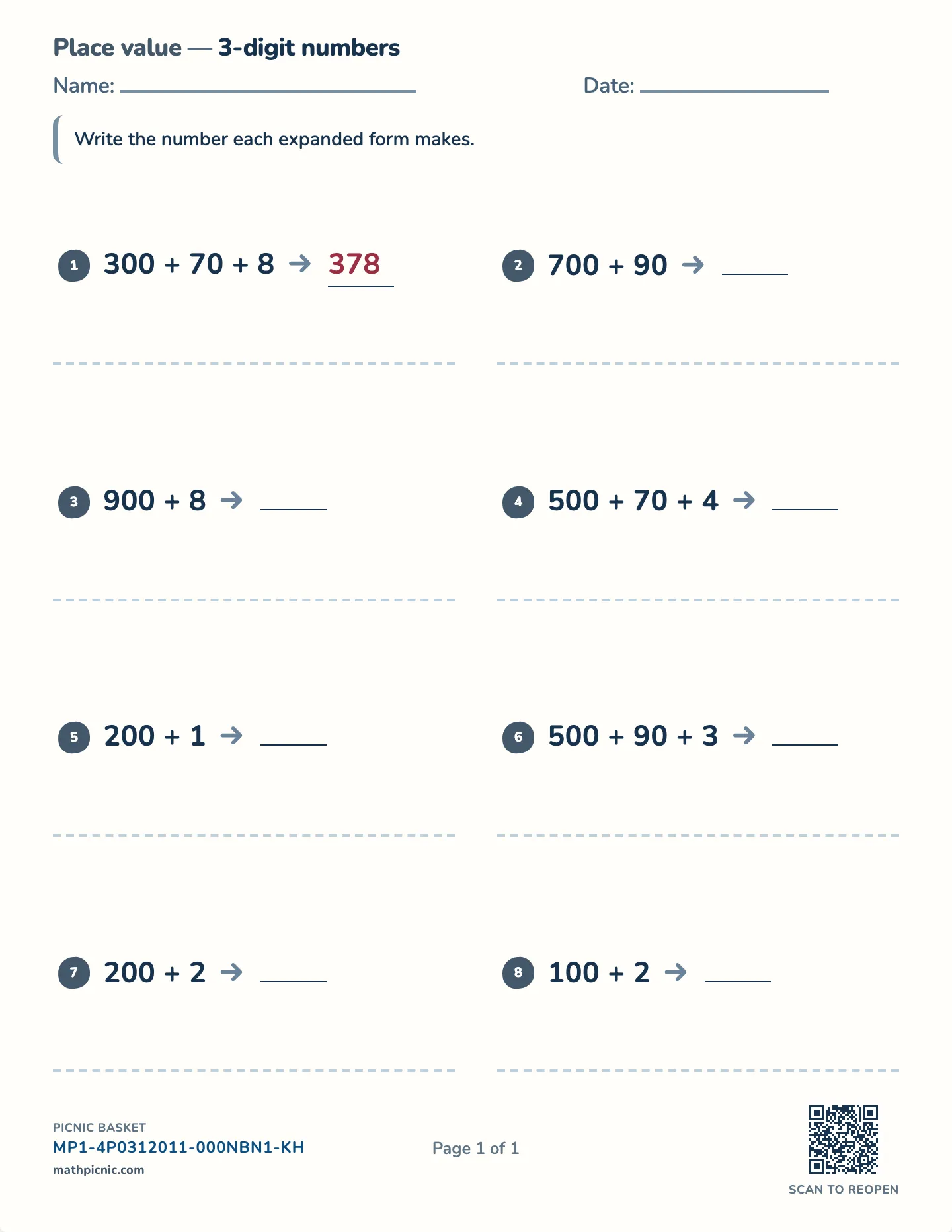 Composing numbers from expanded form worksheet — Two to four digits, free printable with answer key