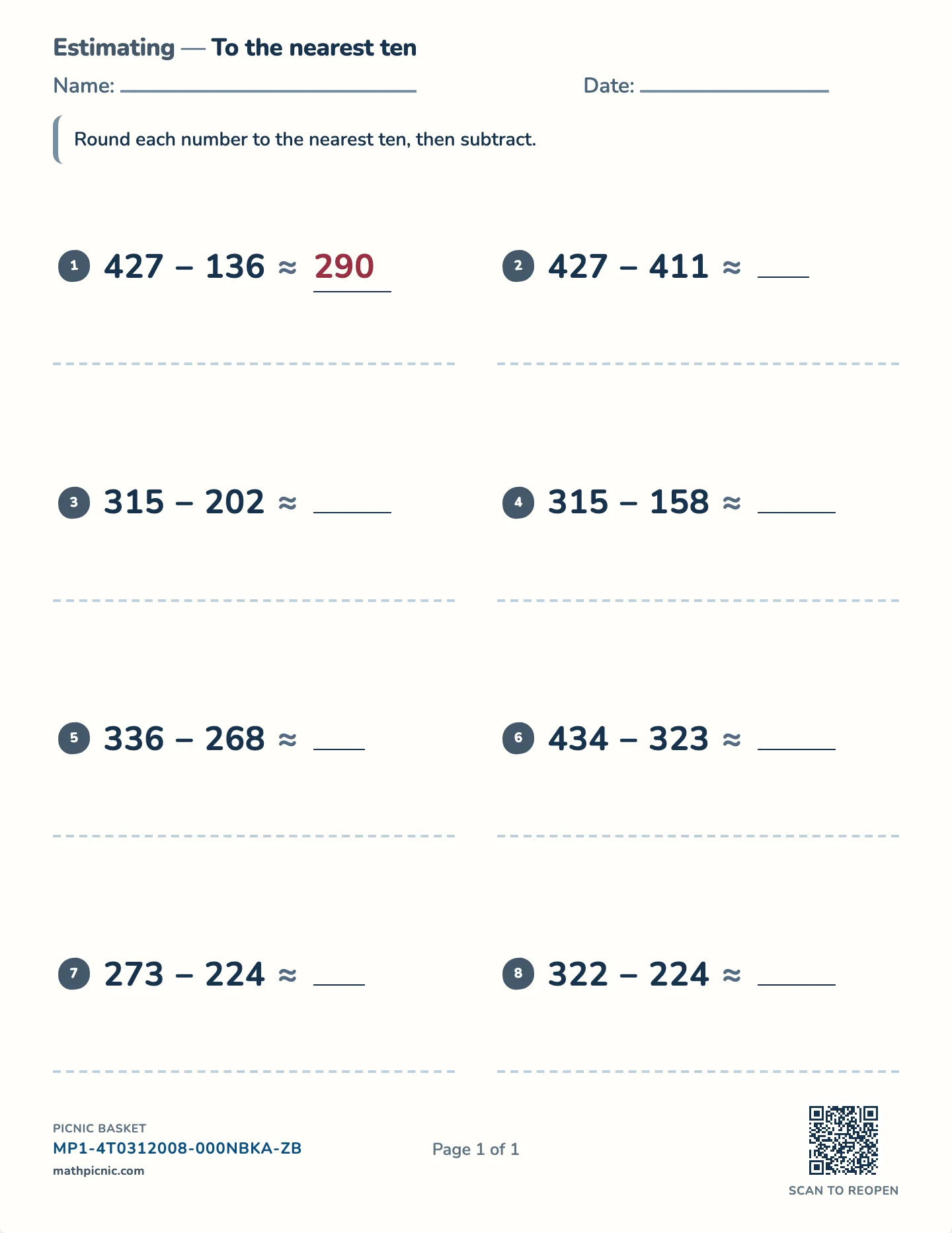 Estimating differences worksheet — 3-digit numbers, nearest ten, free printable with answer key