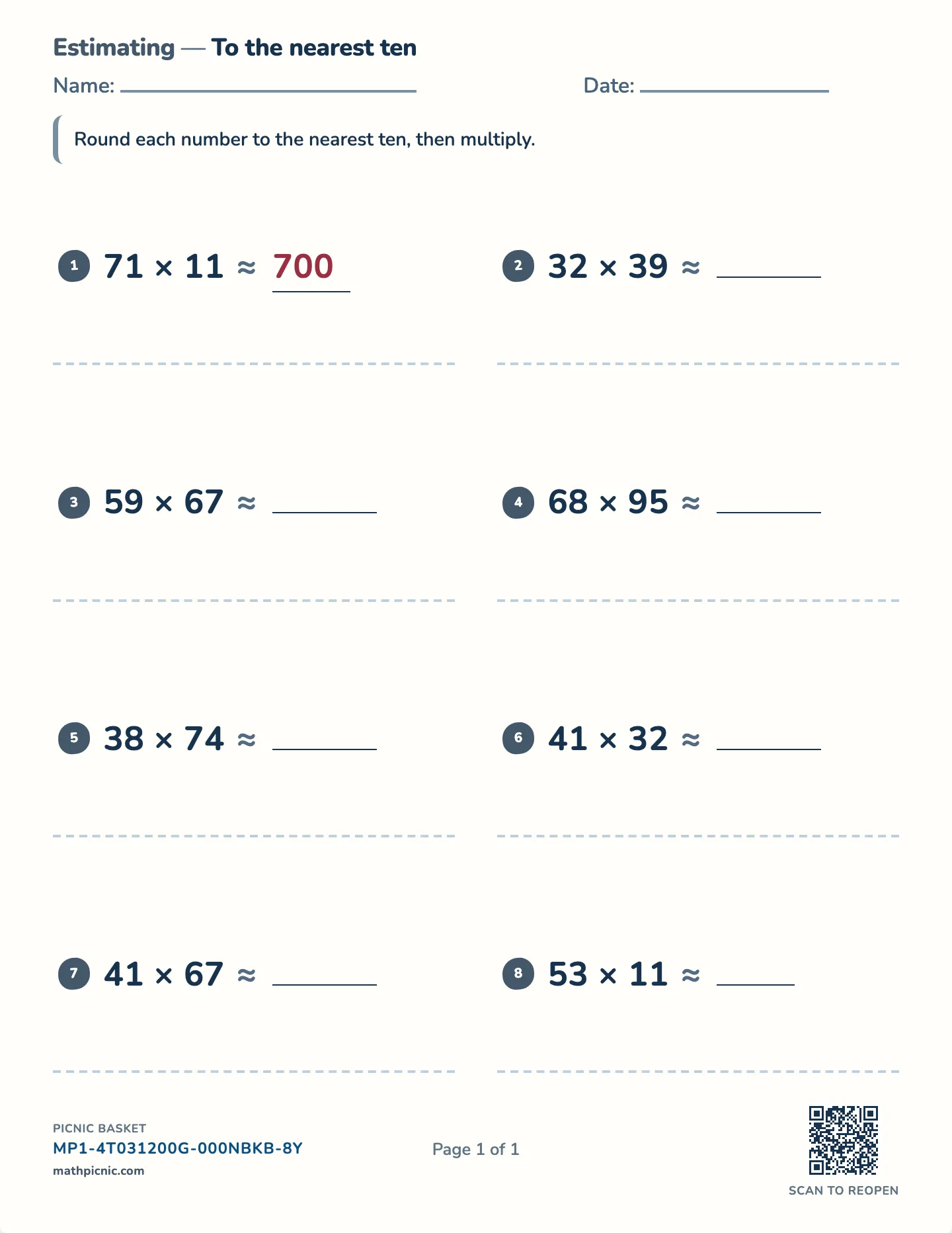 Estimating products worksheet — 2-digit × 2-digit, nearest ten, free printable with answer key