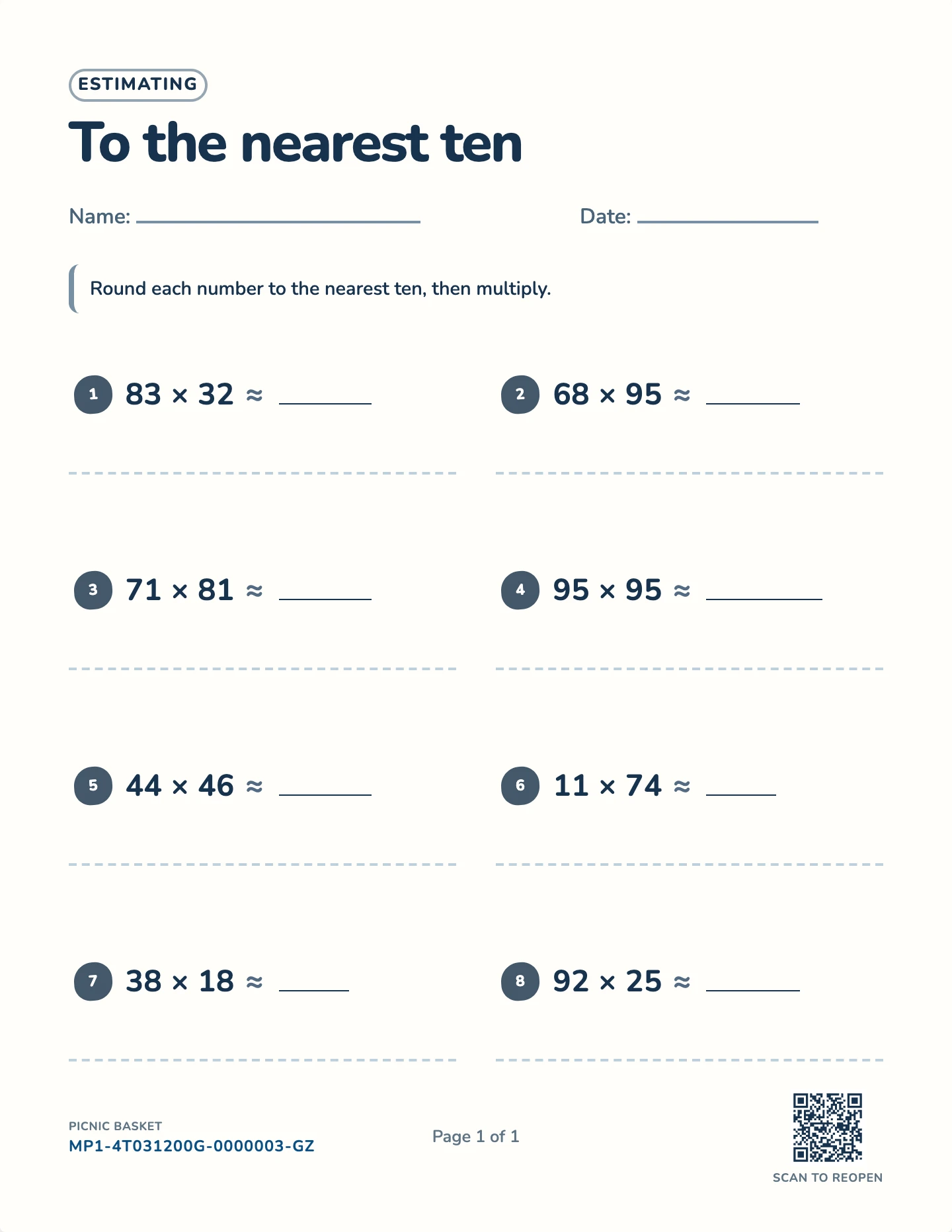 Estimating sums and products worksheet — 3-digit sums, 2-digit products, free printable with answer key