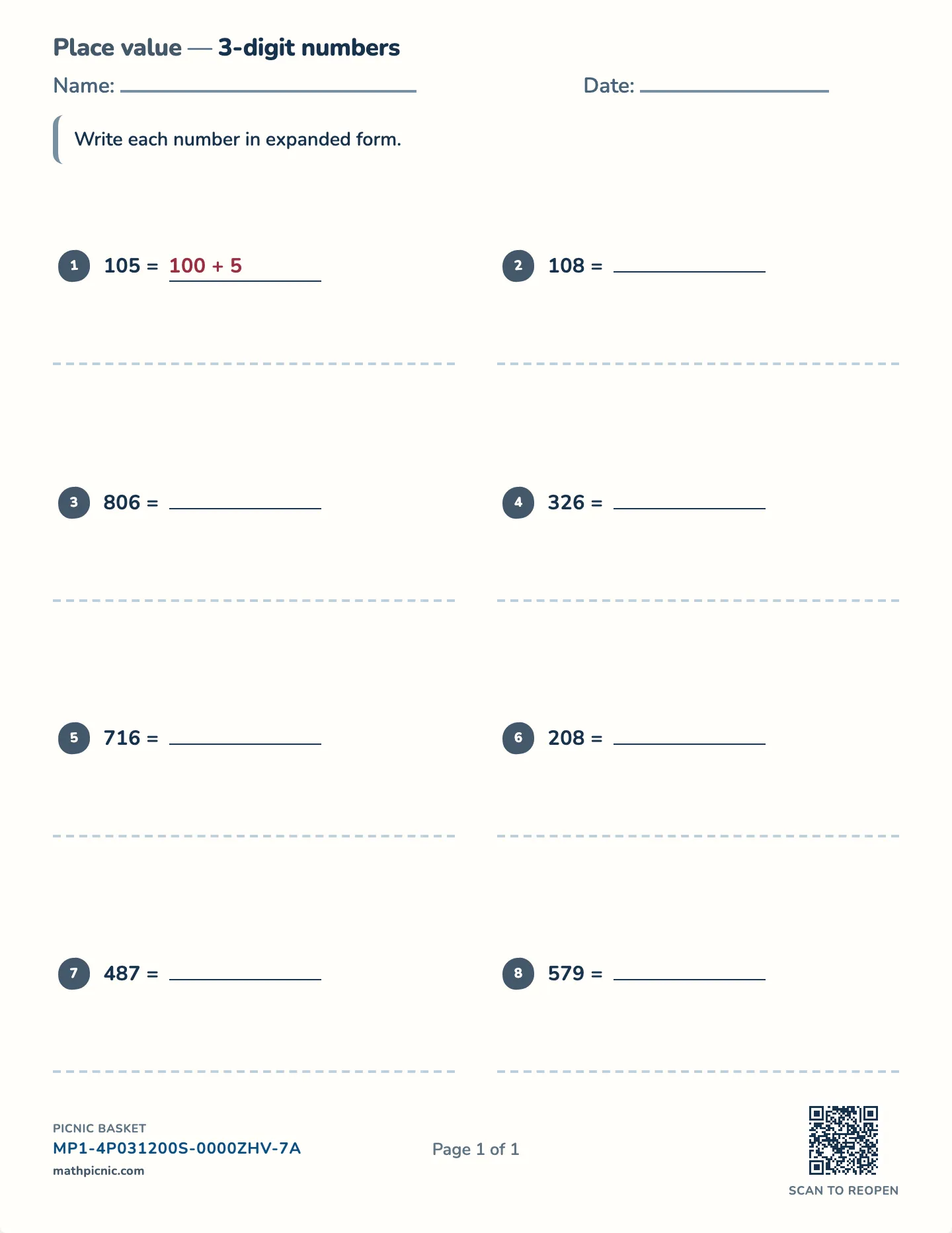 Expanded form worksheet — Two to four digits, free printable with answer key