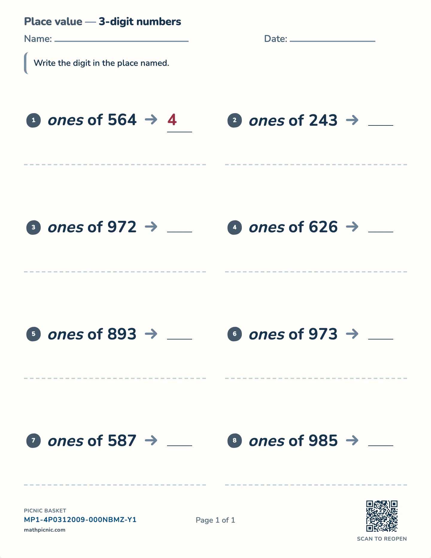 Identifying place value digits worksheet — 2-, 3-, or 4-digit numbers, no zeros, free printable with answer key