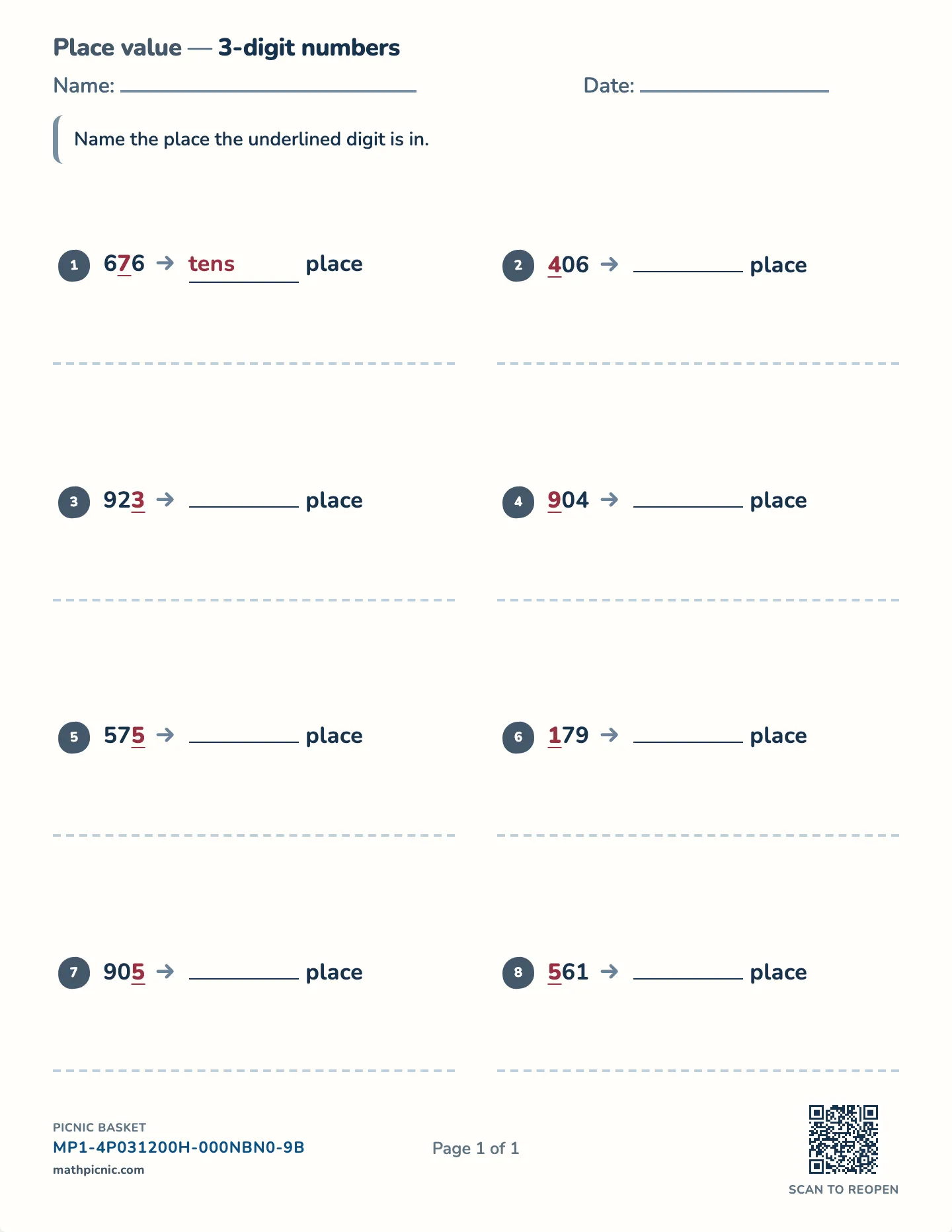 Naming the place worksheet — 2-, 3-, or 4-digit numbers, free printable with answer key