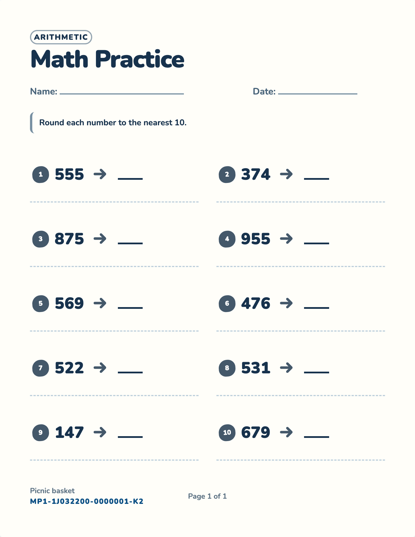 Rounding numbers worksheet — Nearest 10, 100, or 1000, free printable with answer key
