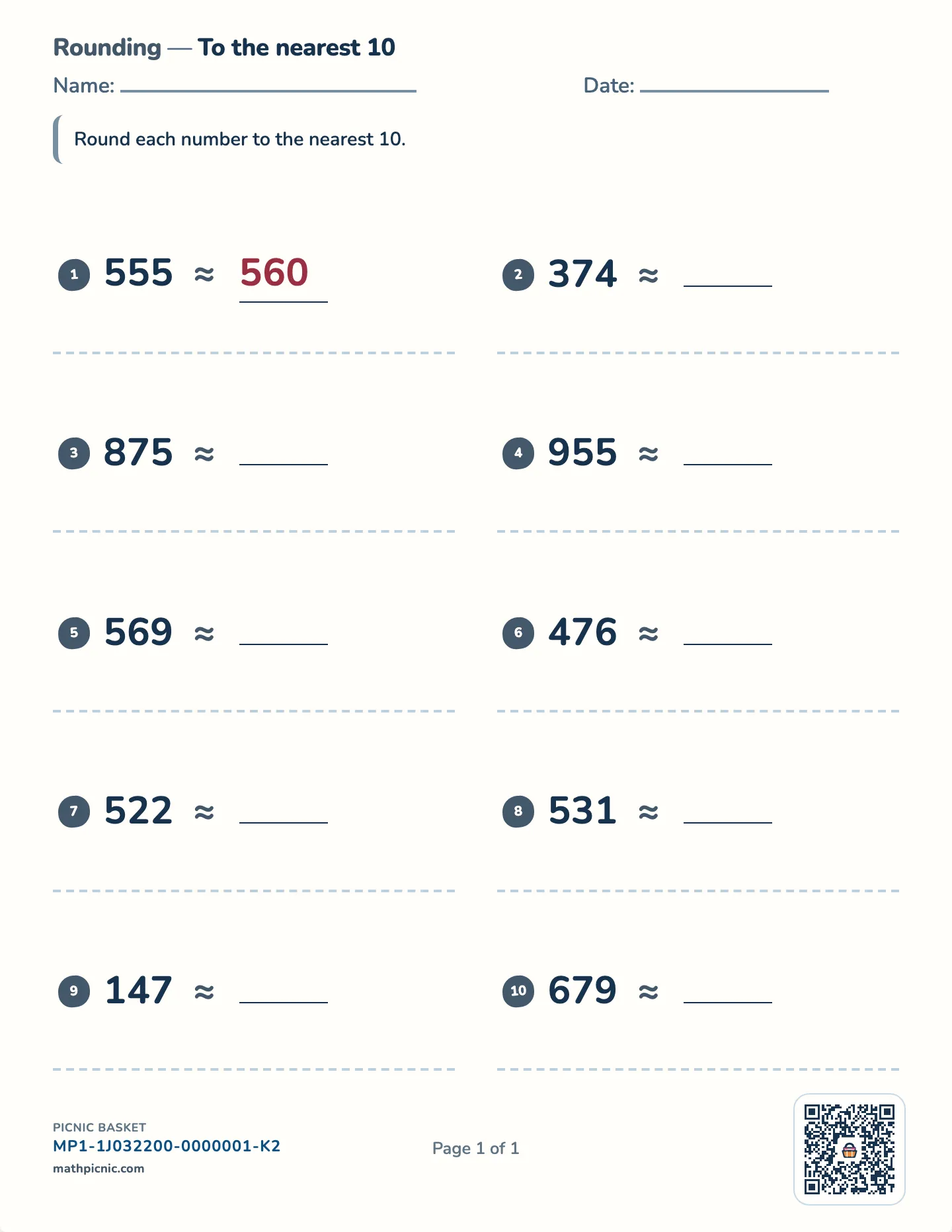 Rounding numbers worksheet — Nearest 10, 100, or 1000, free printable with answer key