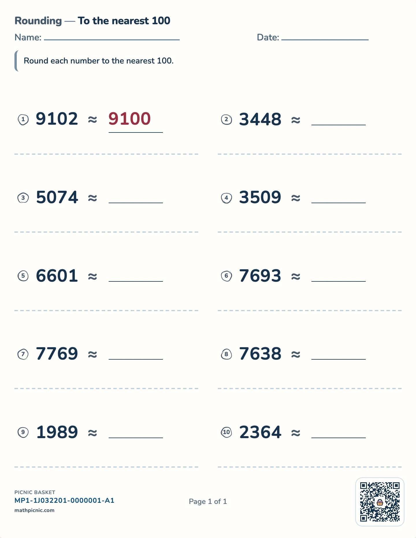 Rounding to the nearest hundred worksheet — Numbers to 9,999, free printable with answer key