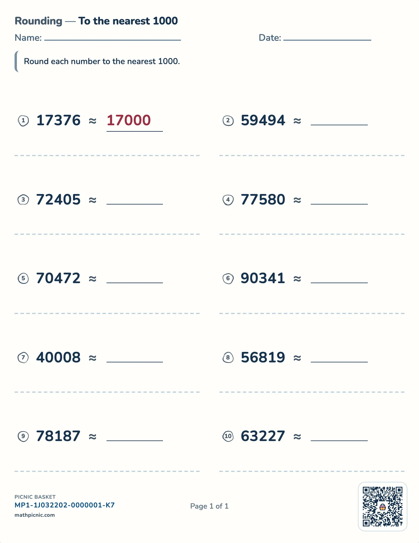Rounding to the nearest thousand worksheet — Numbers to 99,999, free printable with answer key