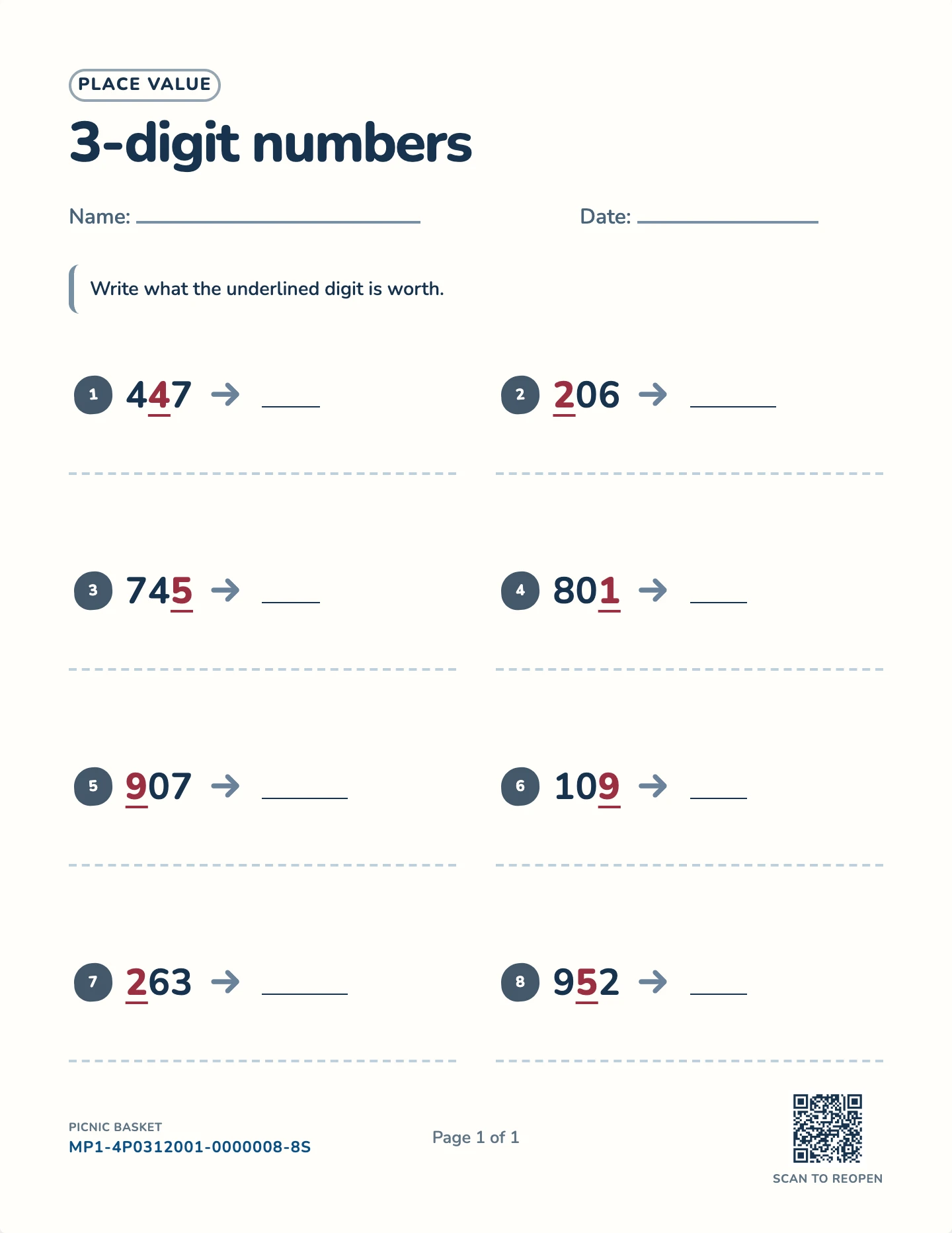 Whole-number place value worksheet — 2-, 3-, or 4-digit numbers, free printable with answer key