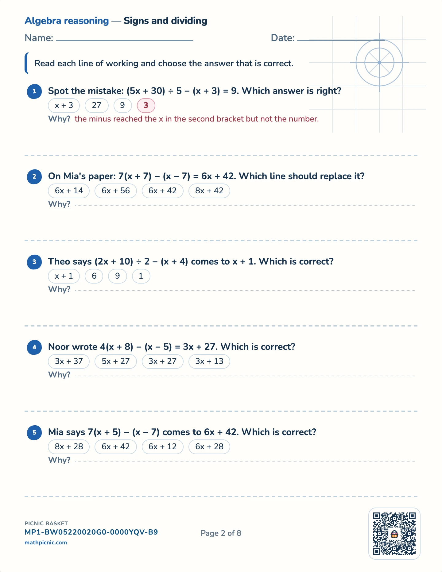 Find the algebra mistake pack — Signs and dividing worksheet