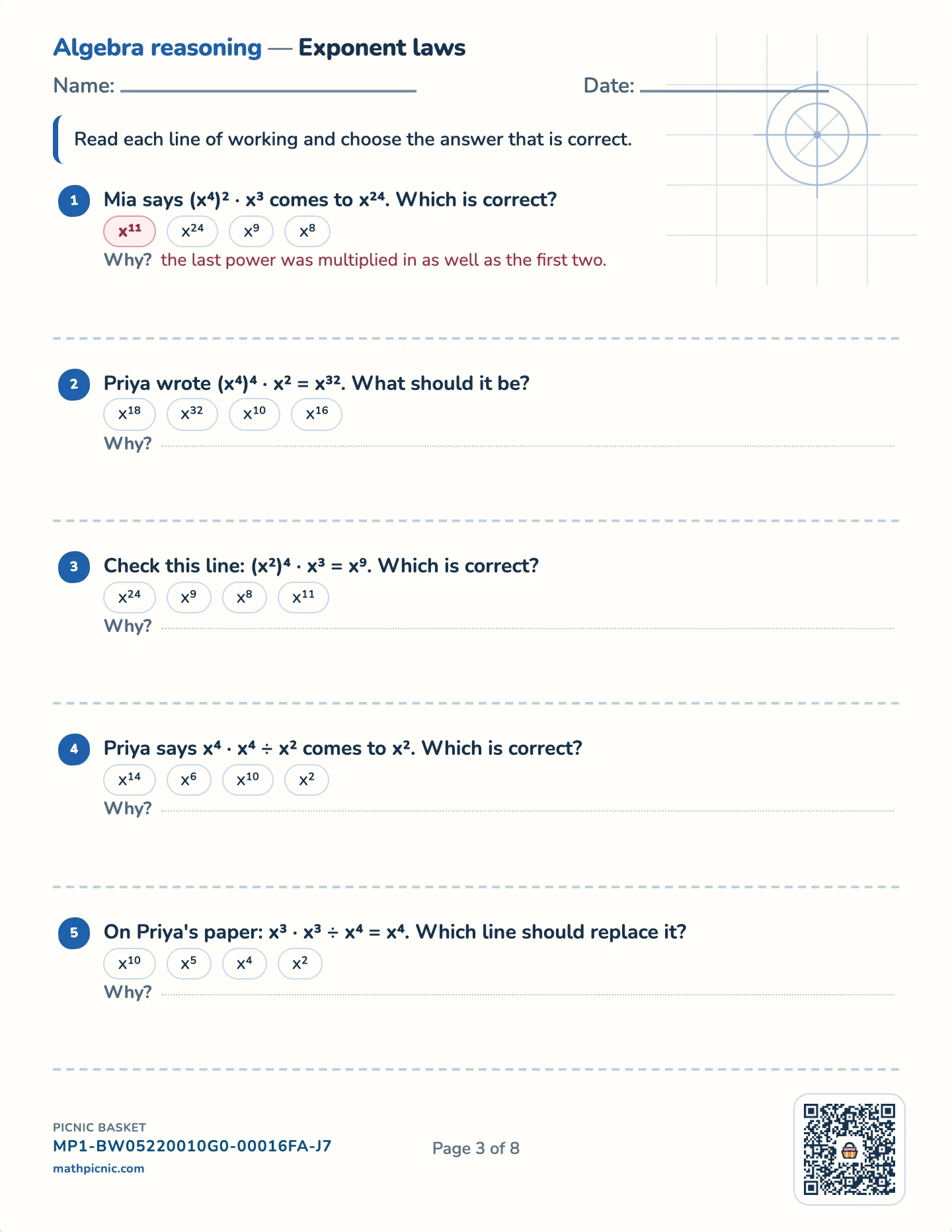 Find the algebra mistake pack — Exponent laws worksheet