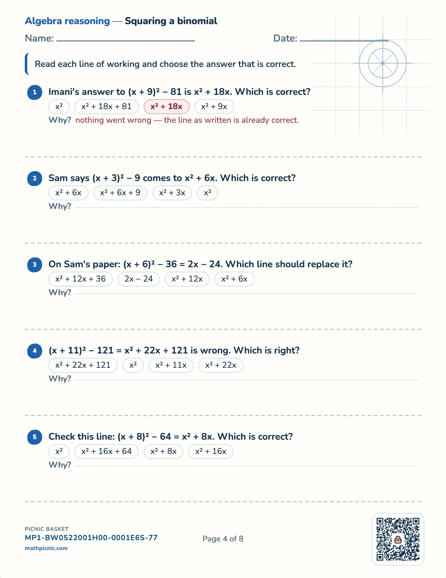 Find the algebra mistake pack — Squaring a binomial worksheet