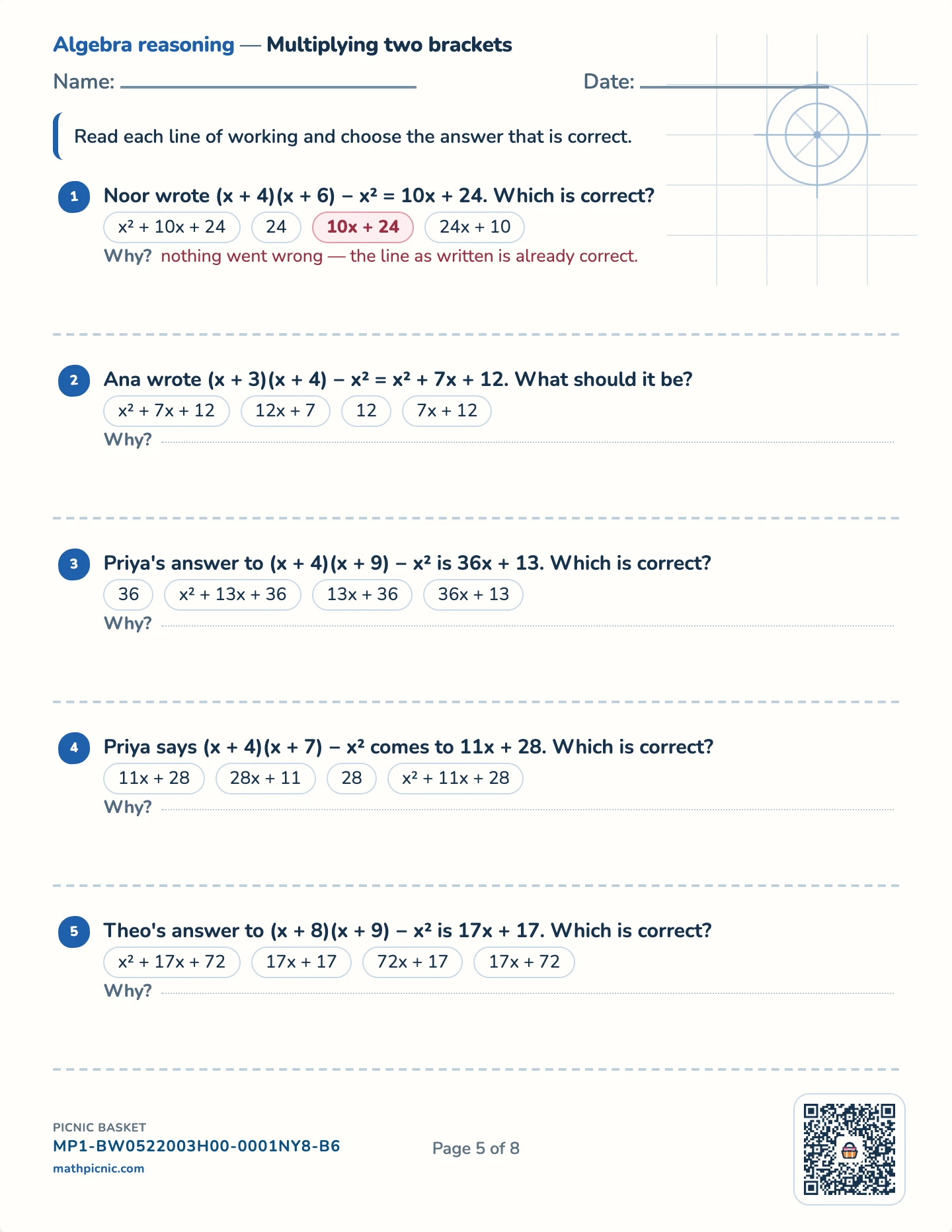 Find the algebra mistake pack — Multiplying two brackets worksheet