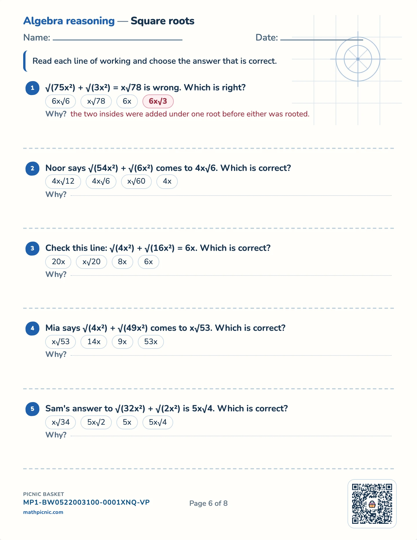 Find the algebra mistake pack — Square roots worksheet