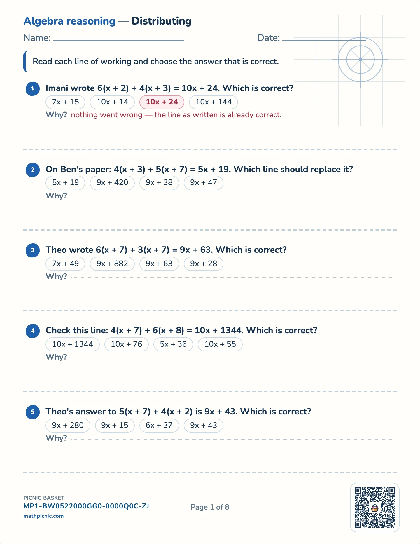 Find the algebra mistake pack — Distributing worksheet