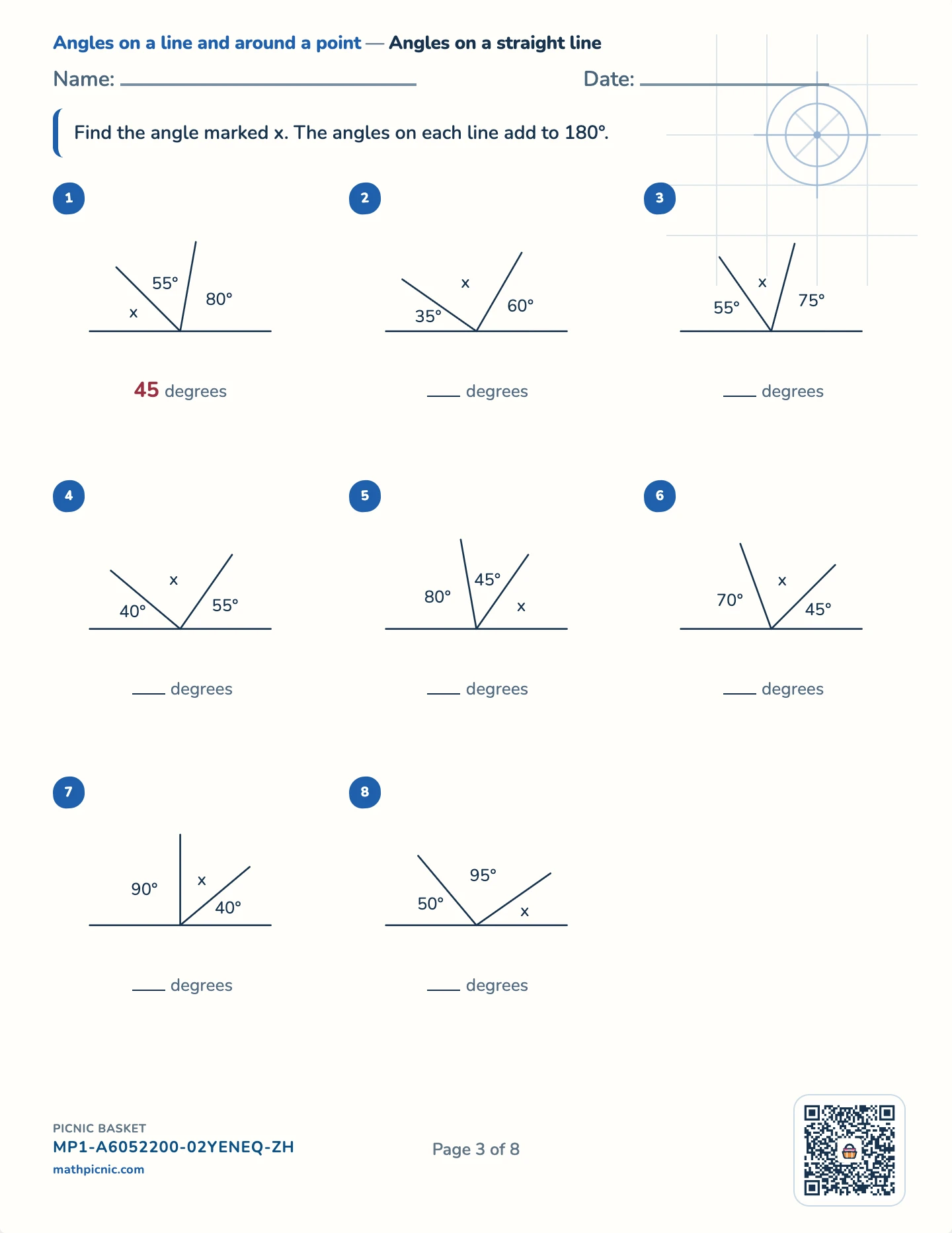 Angles pack — Angles on a straight line worksheet
