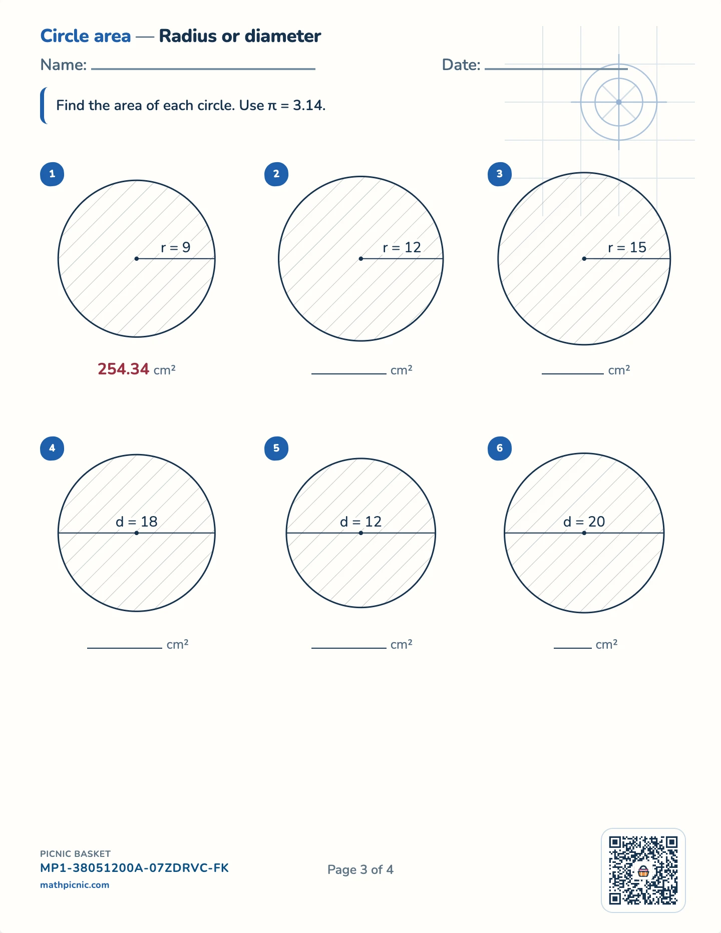 Circles pack — Circle area worksheet