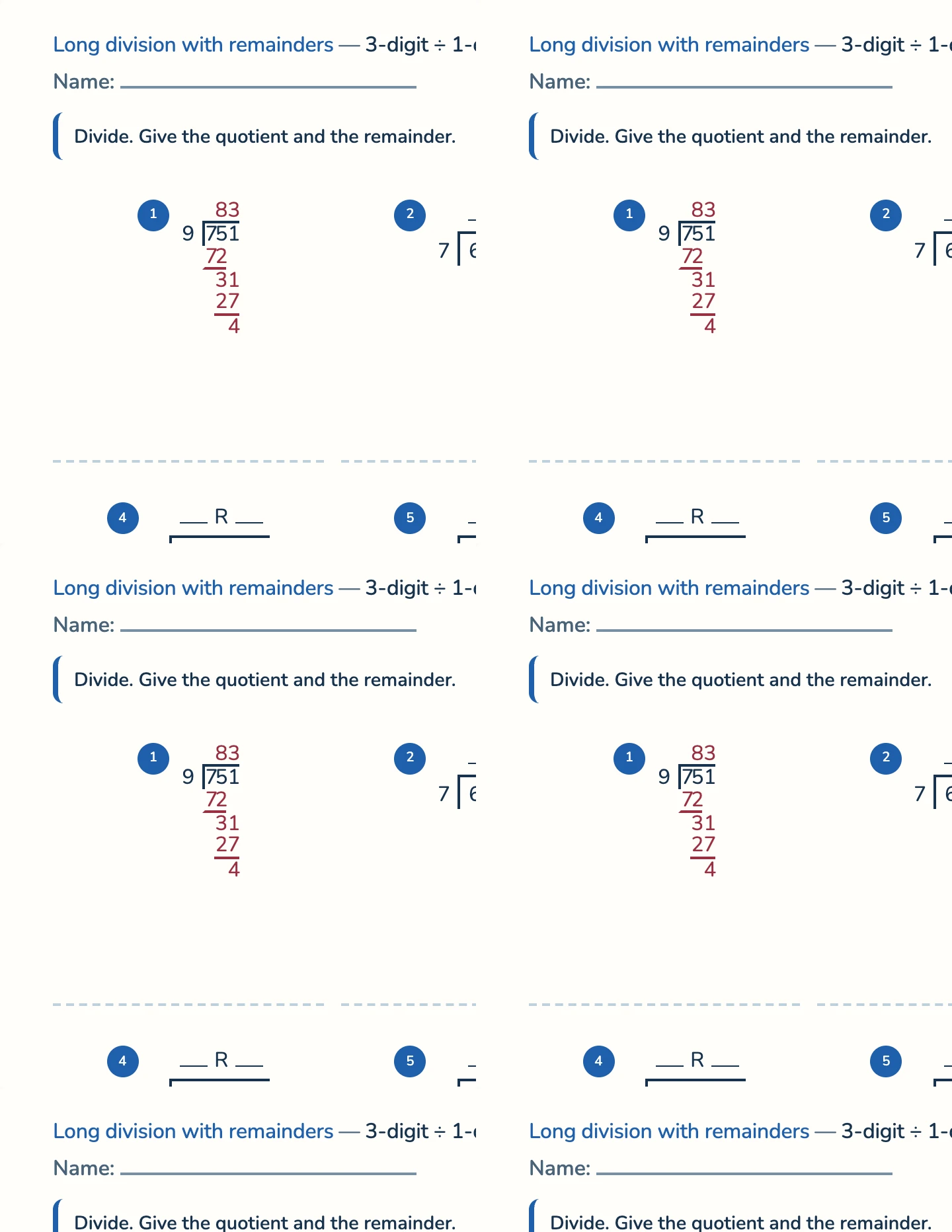 The column algorithms pack — Remainders 3 ÷ 1 worksheet