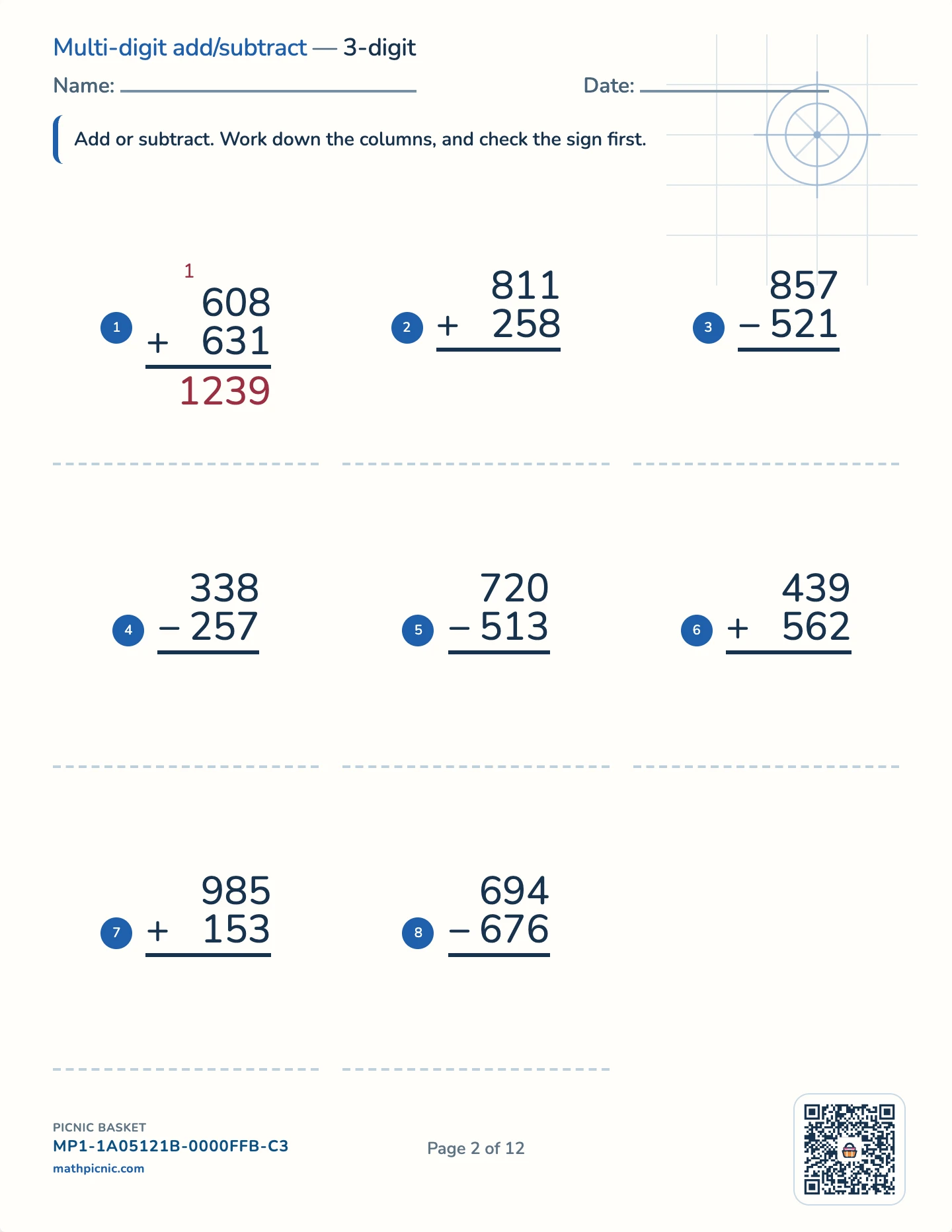 The column algorithms pack — Column + / − : 3-digit worksheet
