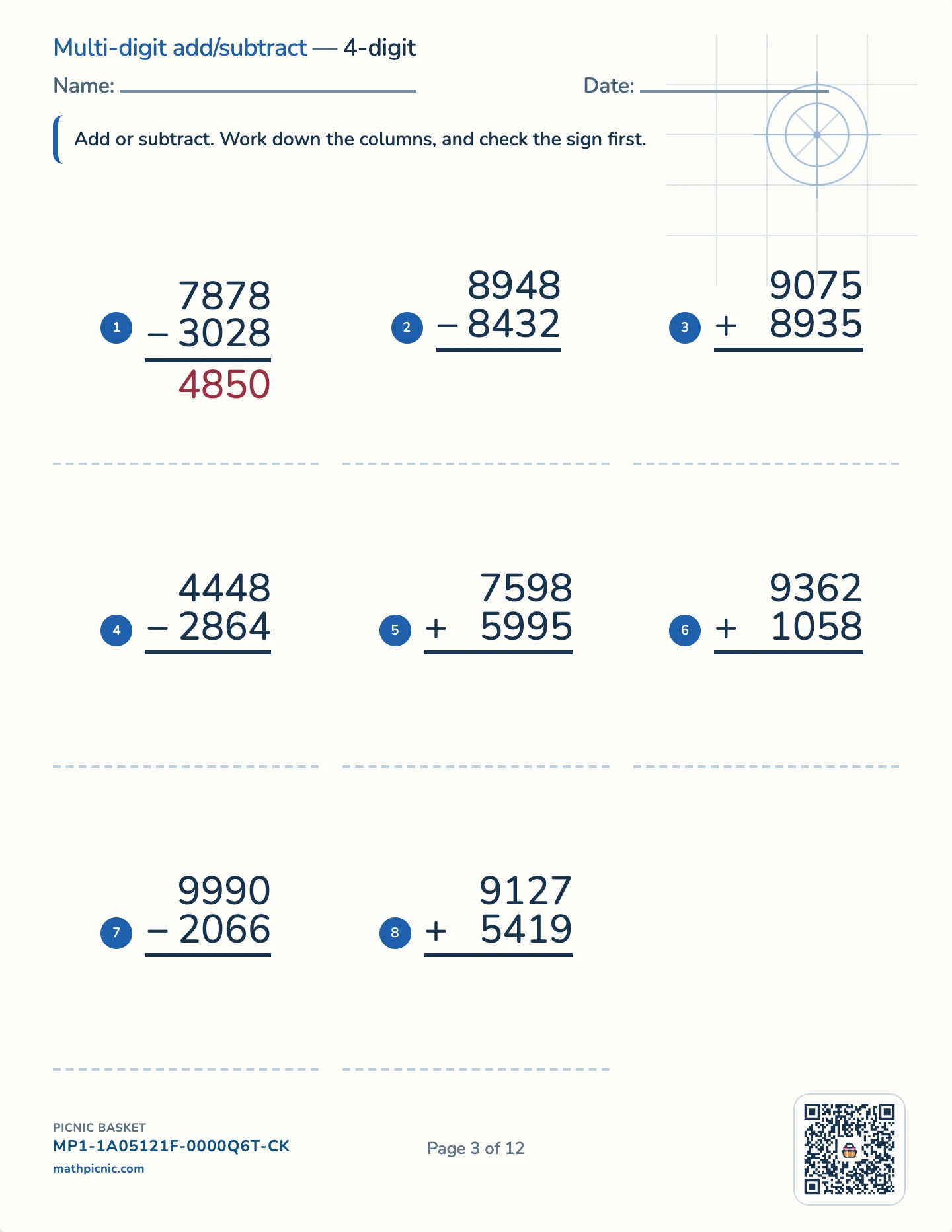 The column algorithms pack — Column + / − : 4-digit worksheet
