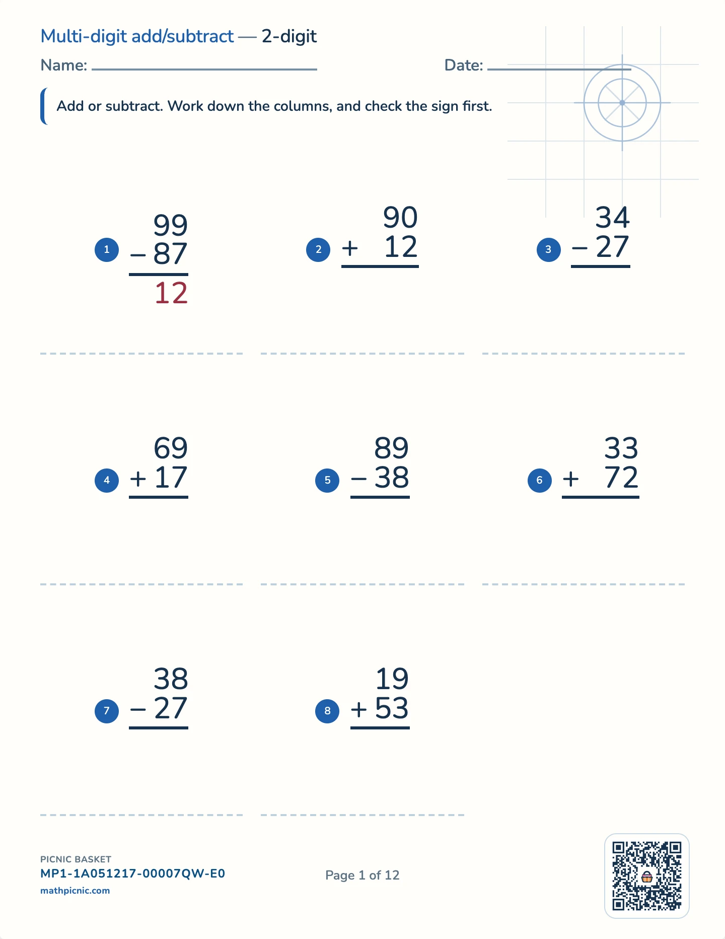 The column algorithms pack — Column + / − : 2-digit worksheet