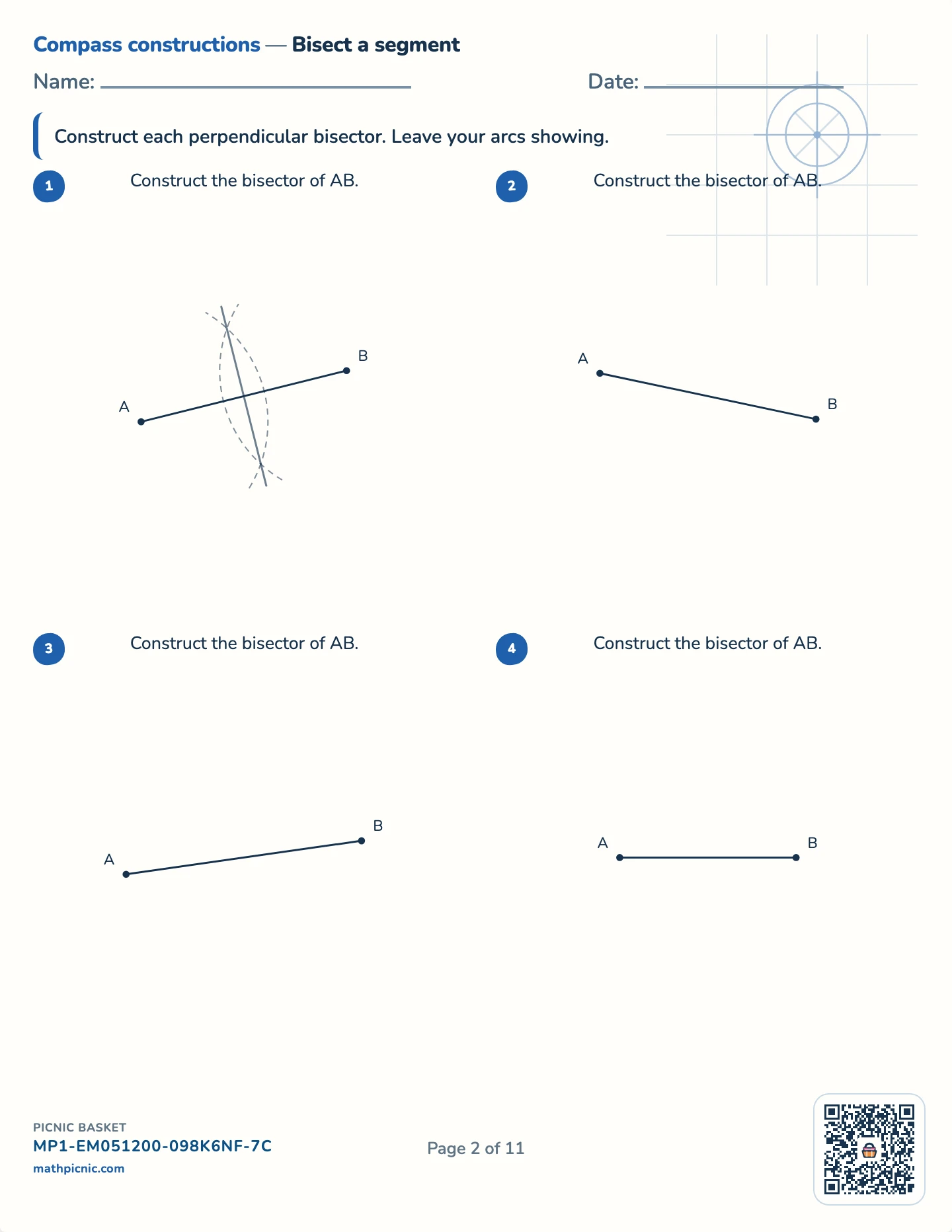Compass constructions pack — Perpendicular bisector worksheet
