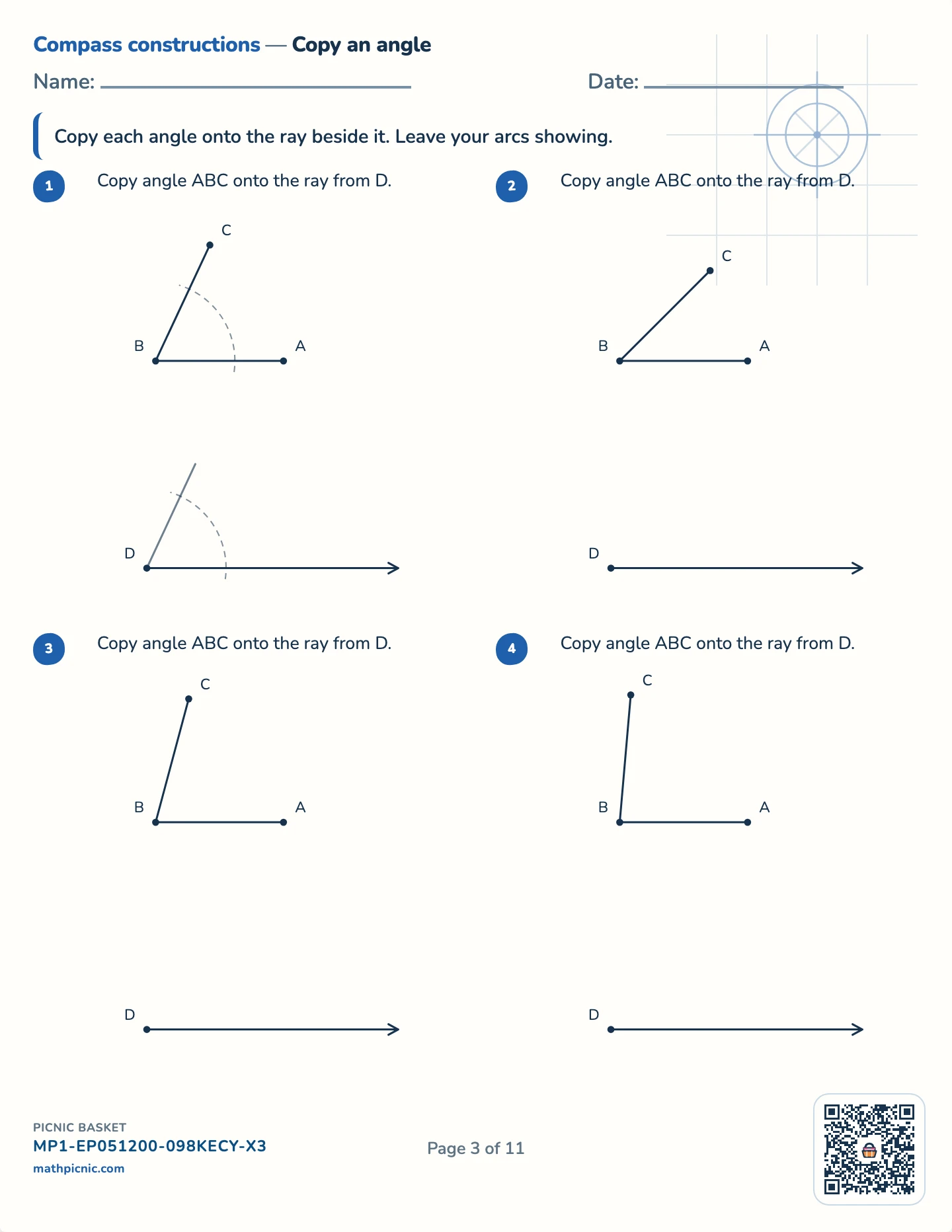 Compass constructions pack — Copy an angle worksheet