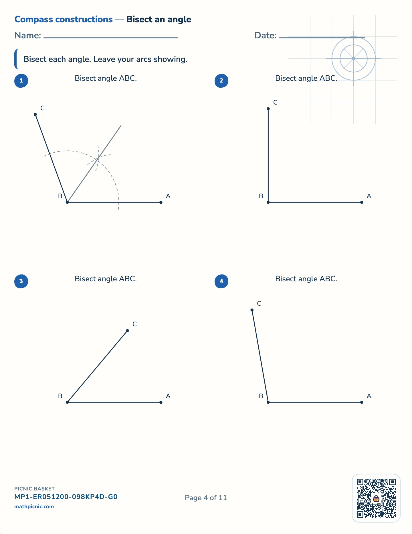 Compass constructions pack — Bisect an angle worksheet