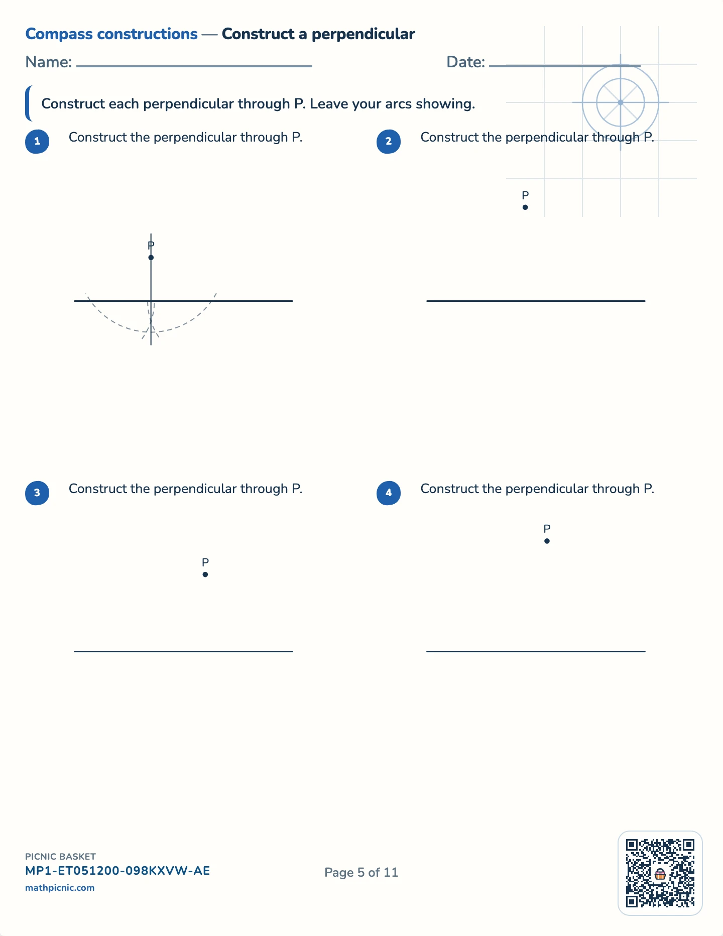 Compass constructions pack — Perpendicular through a point worksheet
