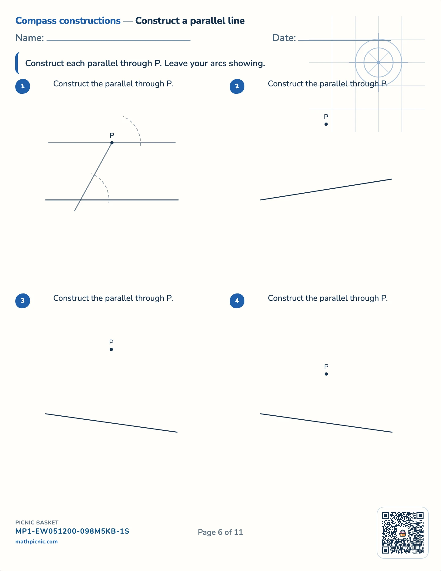 Compass constructions pack — Parallel through a point worksheet