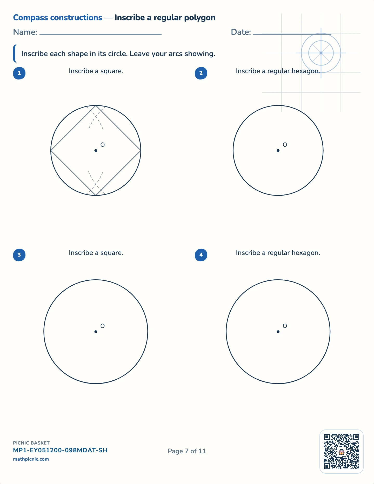 Compass constructions pack — Inscribe in a circle worksheet