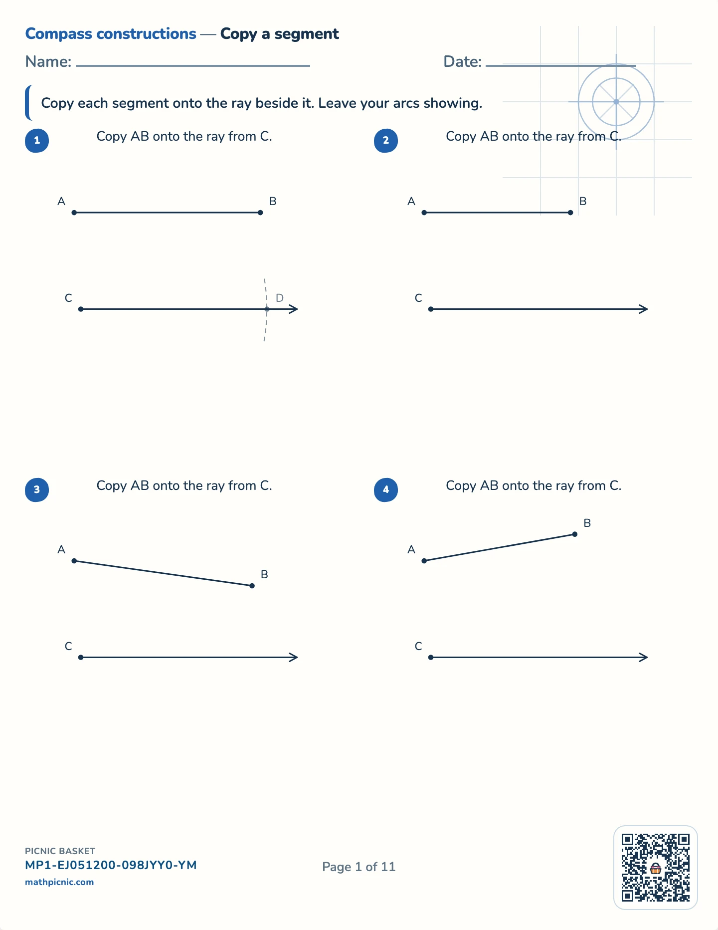 Compass constructions pack — Copy a segment worksheet